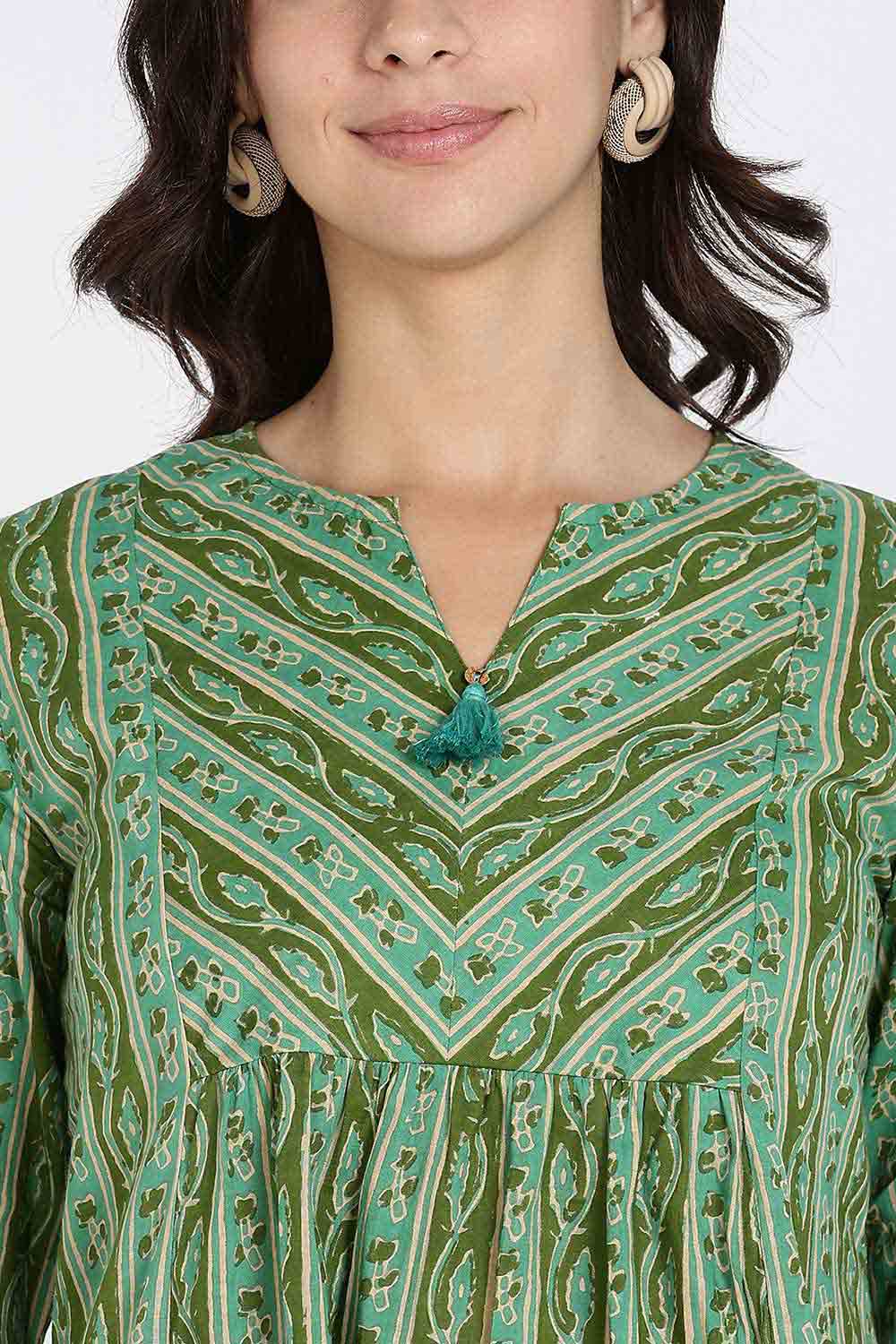 Mythri Women’s Cotton Kurta Top – Ethnic Short Kurti with Tassel Detailing, V-Slit Neck & 3/4th Sleeves - Green - U008