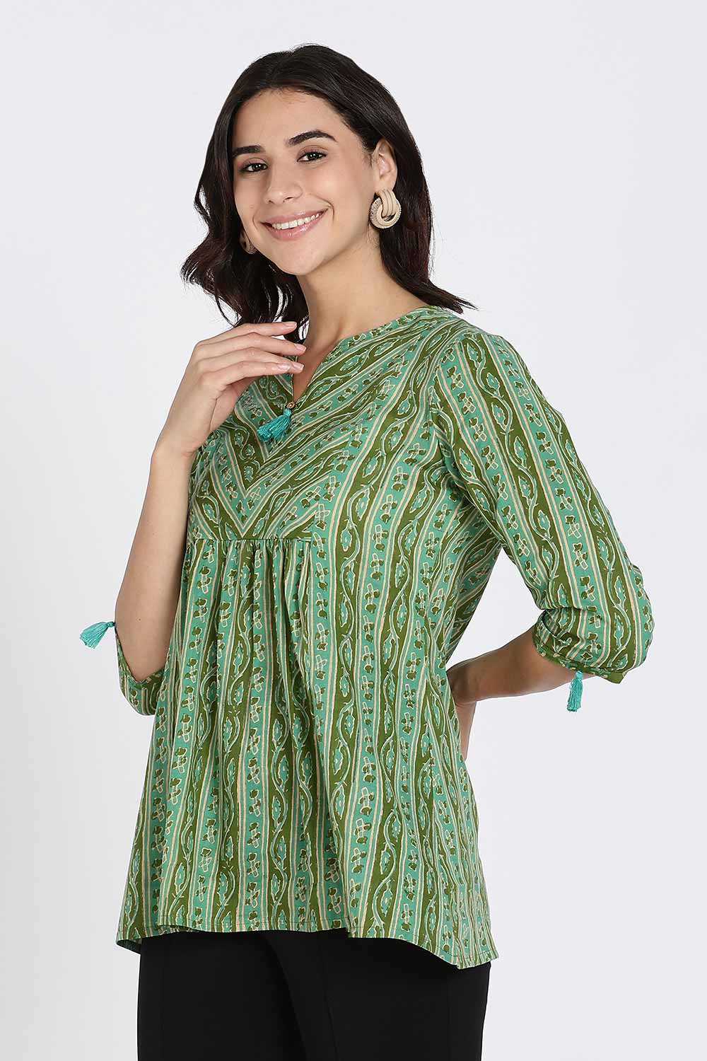 Mythri Women’s Cotton Kurta Top – Ethnic Short Kurti with Tassel Detailing, V-Slit Neck & 3/4th Sleeves - Green - U008