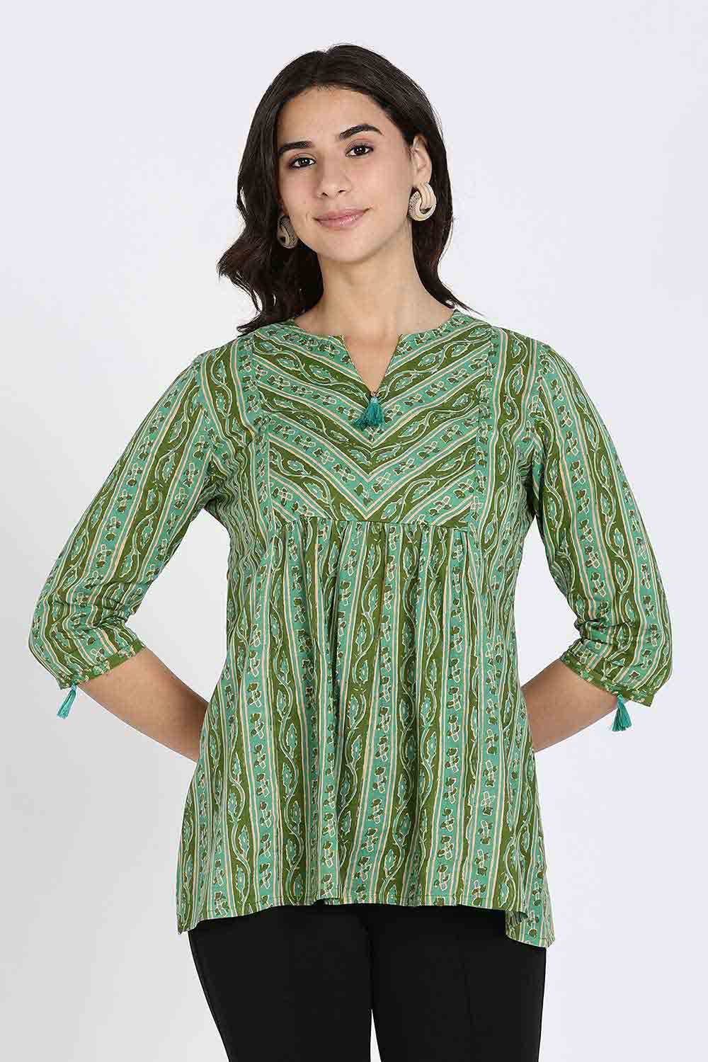Mythri Women’s Cotton Kurta Top – Ethnic Short Kurti with Tassel Detailing, V-Slit Neck & 3/4th Sleeves - Green - U008