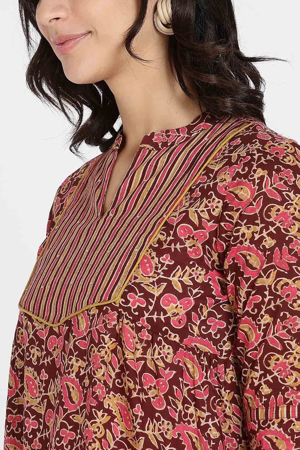 Mythri Women’s Cotton Short Kurti Top – Round Neck with V-Slit, Mitered Bias Panel & 3/4th Sleeves | Ethnic Wear Kurta Top - Maroon - U009