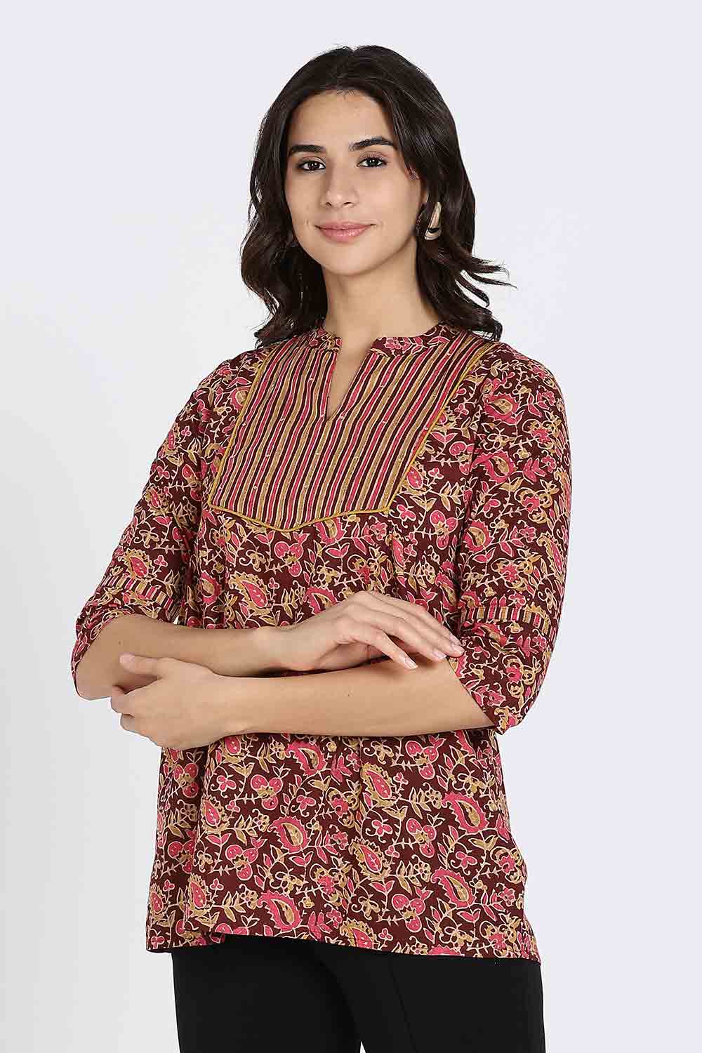 Mythri Women’s Cotton Short Kurti Top – Round Neck with V-Slit, Mitered Bias Panel & 3/4th Sleeves | Ethnic Wear Kurta Top - Maroon - U009