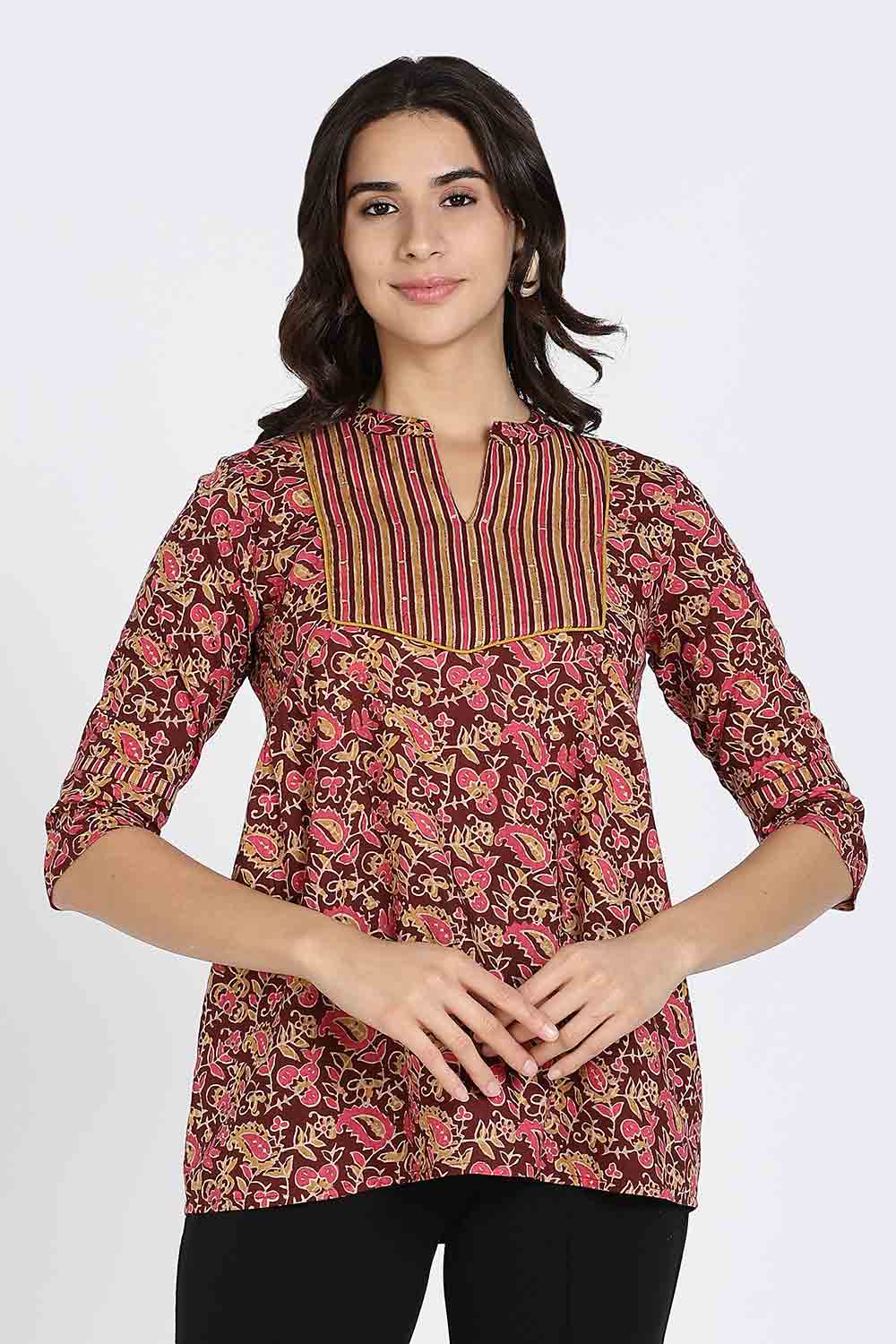 Mythri Women’s Cotton Short Kurti Top – Round Neck with V-Slit, Mitered Bias Panel & 3/4th Sleeves | Ethnic Wear Kurta Top - Maroon - U009