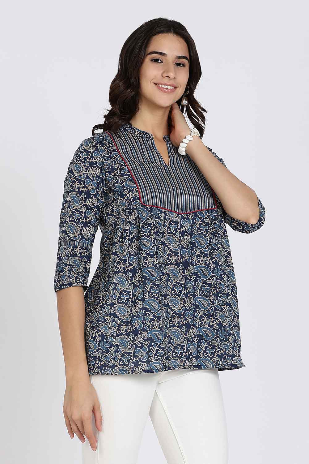 Mythri Women’s Cotton Short Kurti Top – Round Neck with V-Slit, Mitered Bias Panel & 3/4th Sleeves | Ethnic Wear Kurta Top - Navy - U009