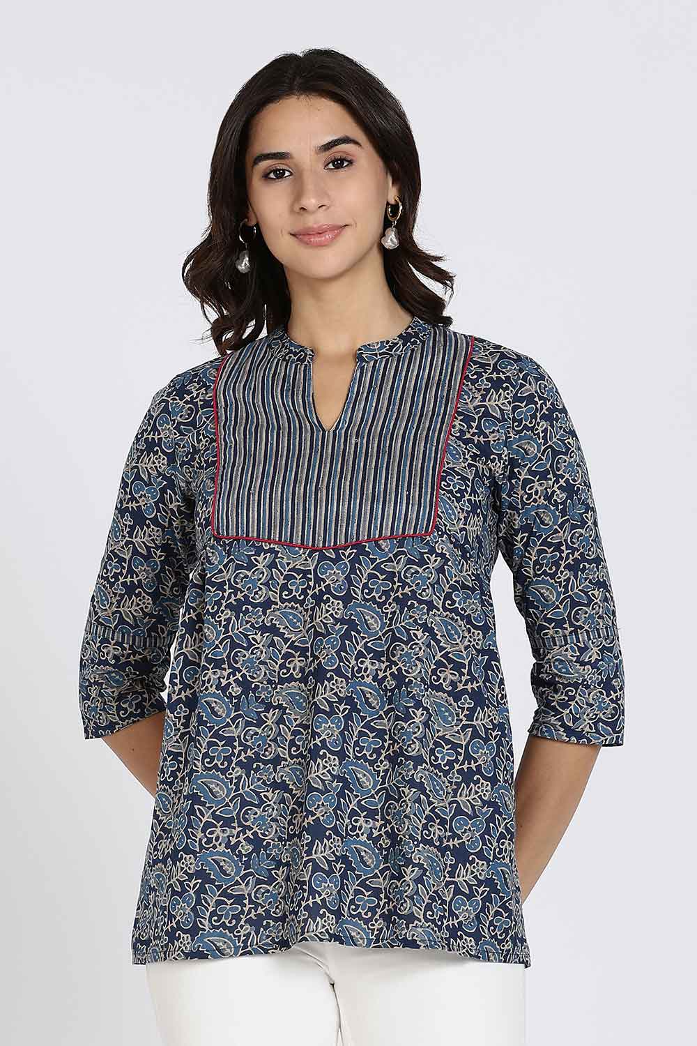 Mythri Women’s Cotton Short Kurti Top – Round Neck with V-Slit, Mitered Bias Panel & 3/4th Sleeves | Ethnic Wear Kurta Top - Navy - U009