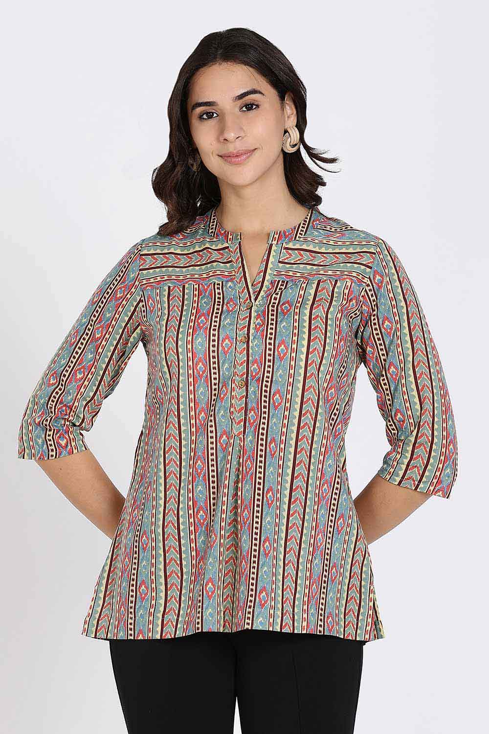 Mythri Women’s Cotton Short Kurti Top – Mandarin Collar with V-Slit & 3/4th Sleeves | Ethnic Wear Top for Women - Aqua - U012