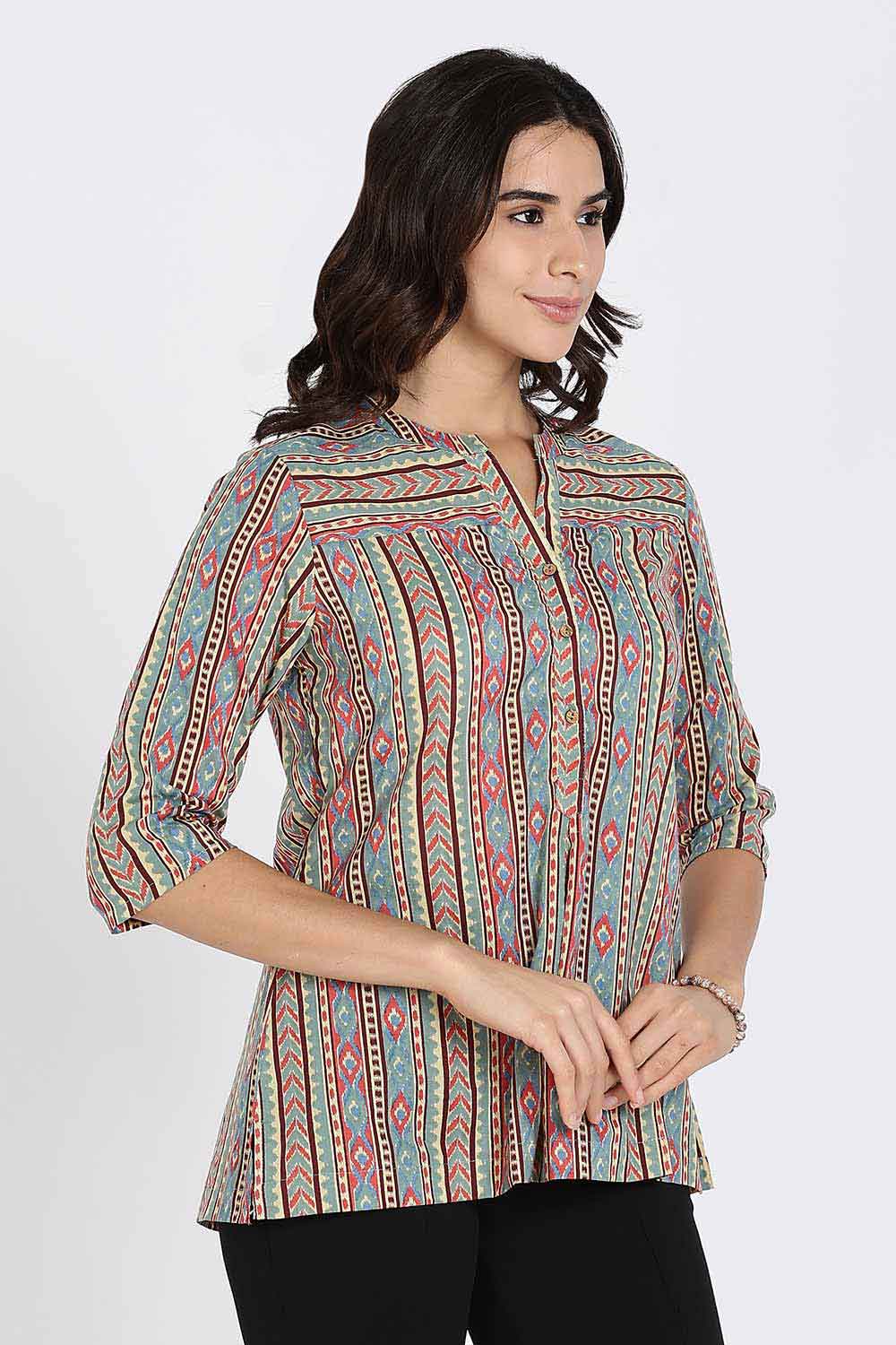 Mythri Women’s Cotton Short Kurti Top – Mandarin Collar with V-Slit & 3/4th Sleeves | Ethnic Wear Top for Women - Aqua - U012