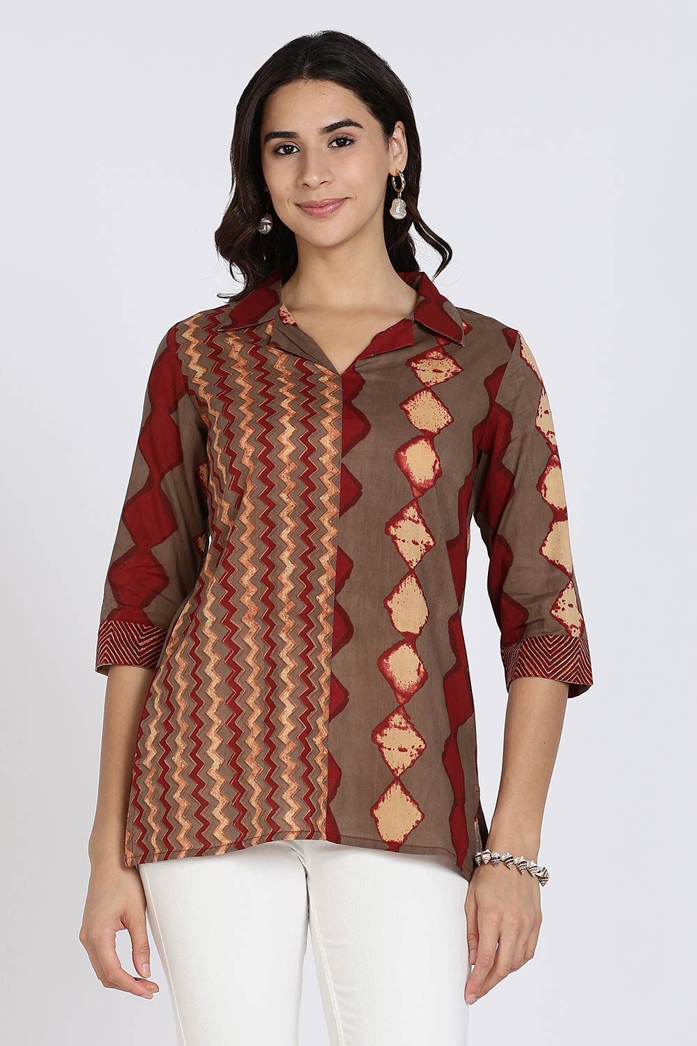Mythri Women’s Cotton Short Kurti Top – Notch Collar Tunic with Color Blocking & 3/4th Sleeves | Ethnic Wear Kurta Top - Maroon - U014