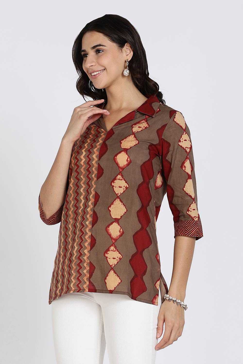 Mythri Women’s Cotton Short Kurti Top – Notch Collar Tunic with Color Blocking & 3/4th Sleeves | Ethnic Wear Kurta Top - Maroon - U014