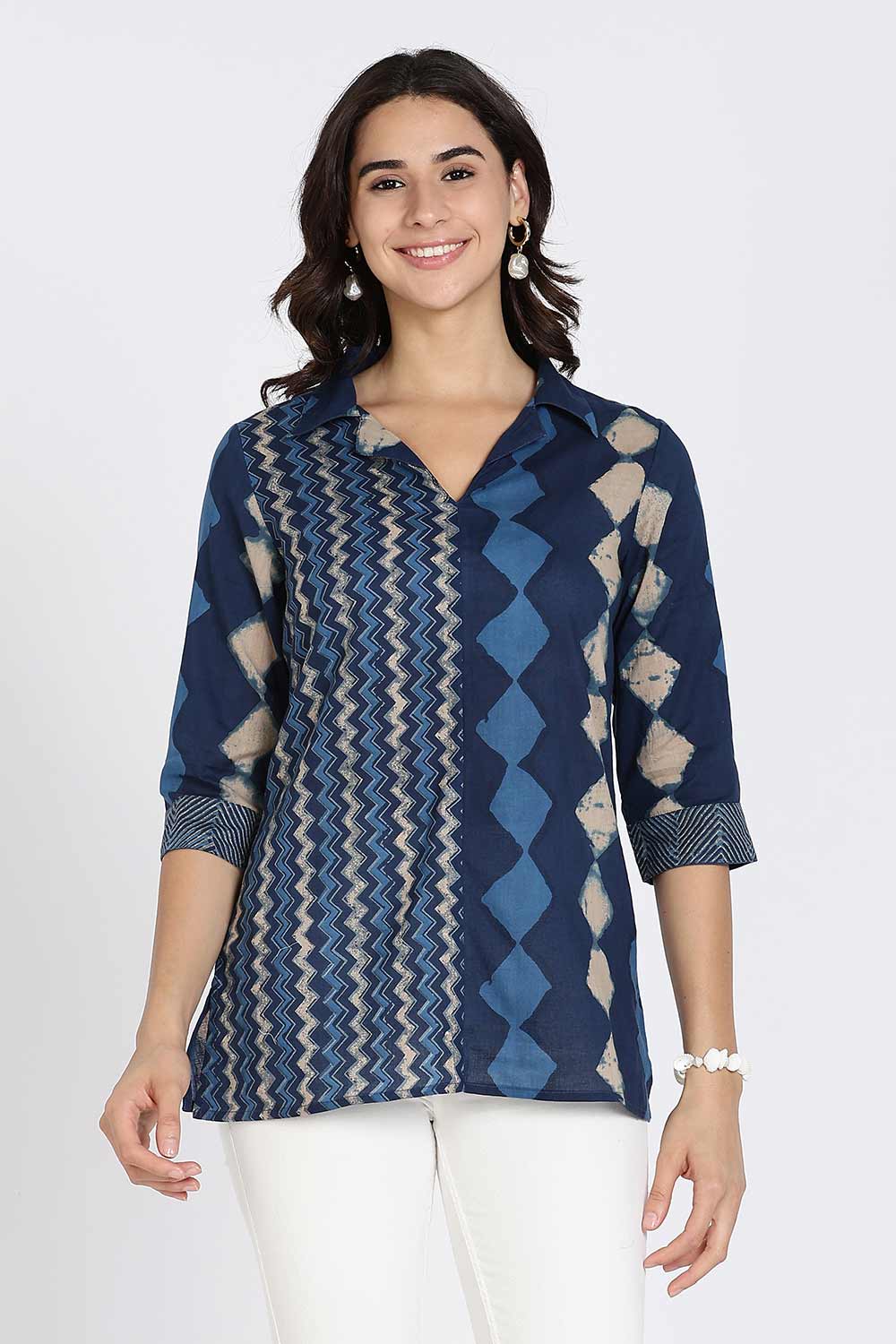 Mythri Women’s Cotton Short Kurti Top – Notch Collar Tunic with Color Blocking & 3/4th Sleeves | Ethnic Wear Kurta Top - Indigo - U014