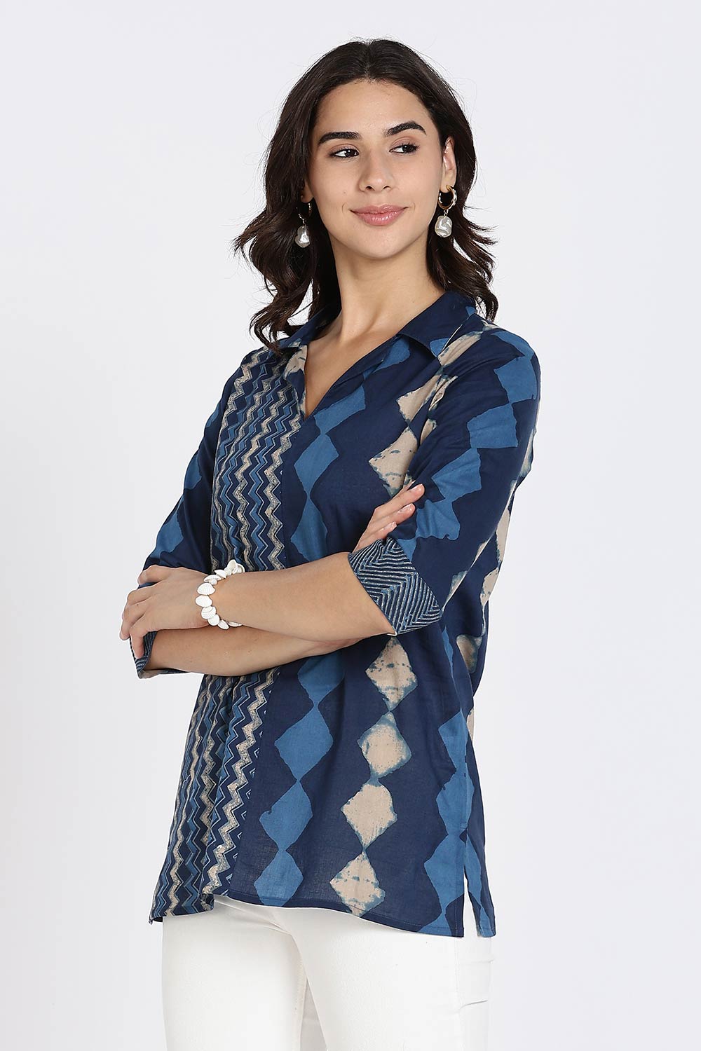 Mythri Women’s Cotton Short Kurti Top – Notch Collar Tunic with Color Blocking & 3/4th Sleeves | Ethnic Wear Kurta Top - Indigo - U014