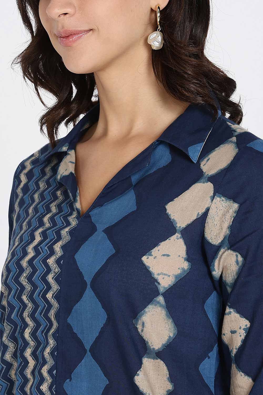 Mythri Women’s Cotton Short Kurti Top – Notch Collar Tunic with Color Blocking & 3/4th Sleeves | Ethnic Wear Kurta Top - Indigo - U014