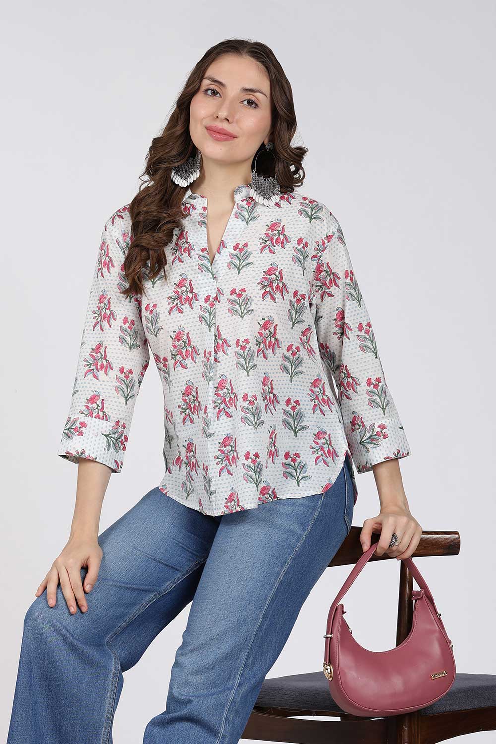 Mythri Women’s Cotton Top – Jaipur Hand Block Print Shirt Collar Top with Pleats | Regular Fit Everyday Wear - UNI1