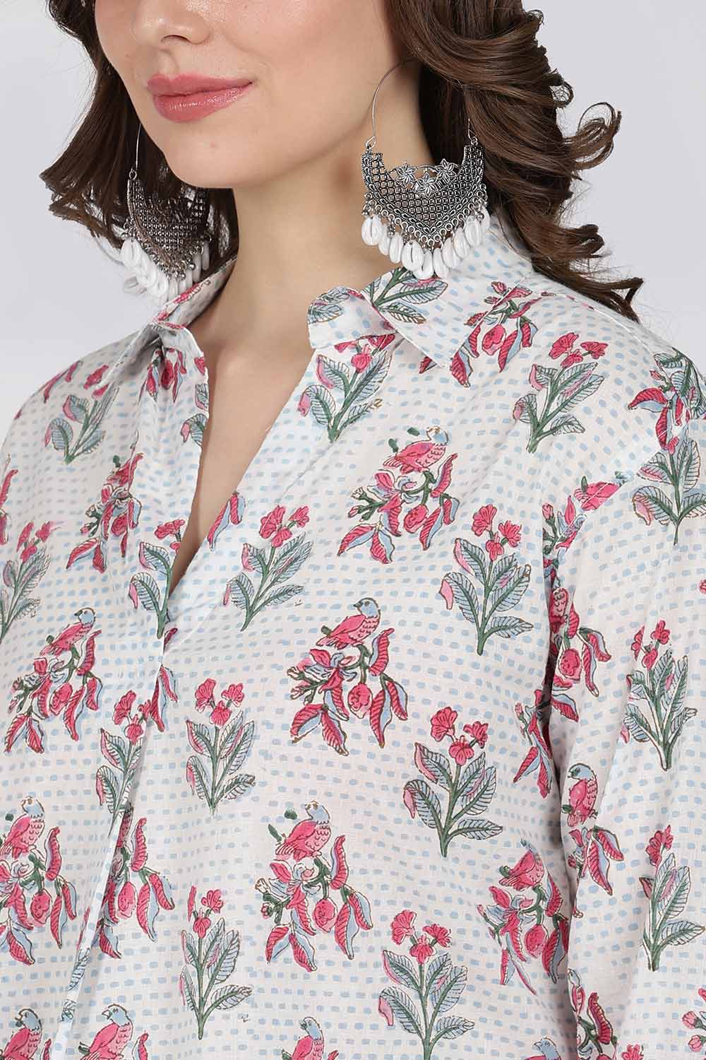 Mythri Women’s Cotton Top – Jaipur Hand Block Print Shirt Collar Top with Pleats | Regular Fit Everyday Wear - UNI1