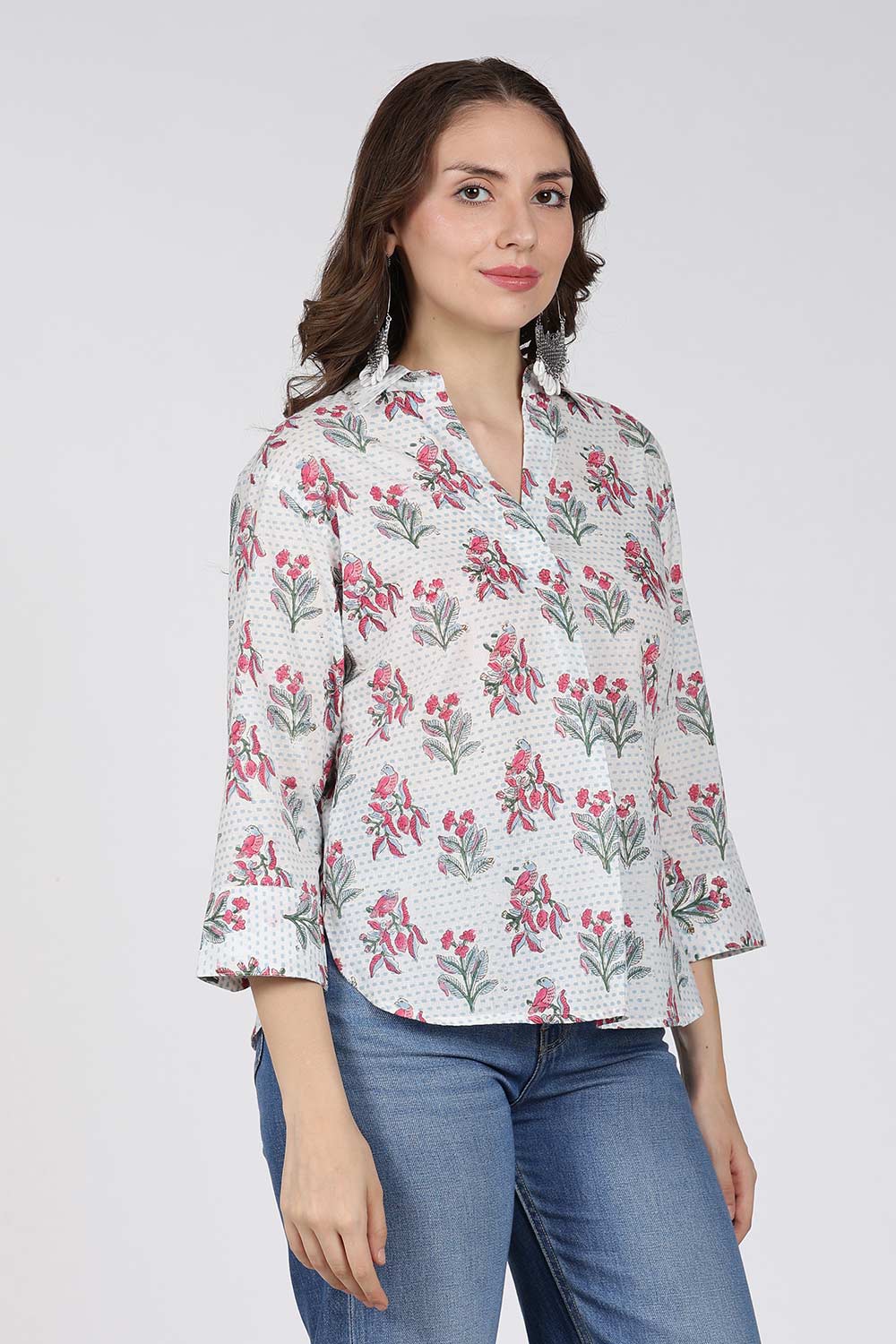 Mythri Women’s Cotton Top – Jaipur Hand Block Print Shirt Collar Top with Pleats | Regular Fit Everyday Wear - UNI1