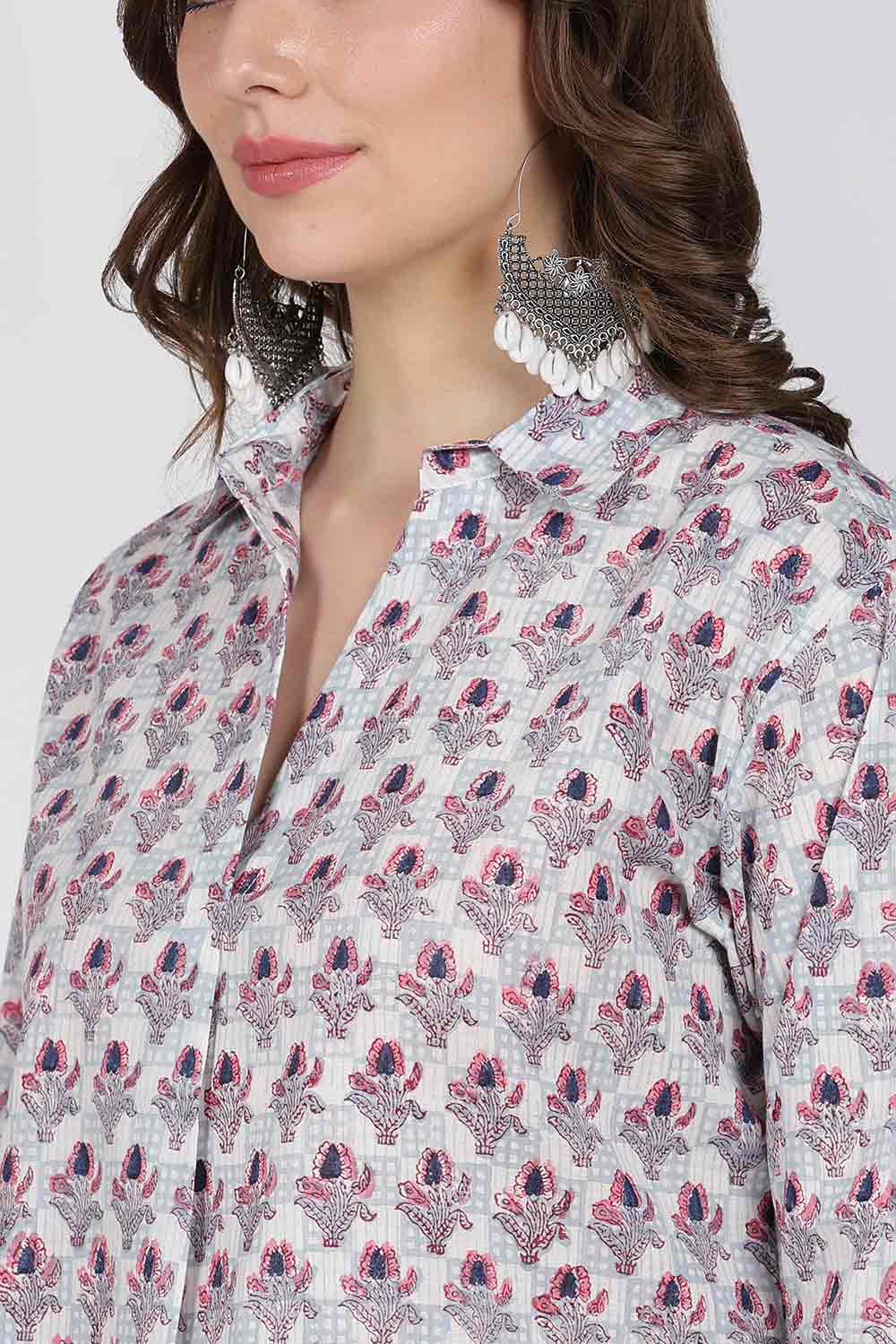 Mythri Women’s Cotton Top – Jaipur Hand Block Print Shirt Collar Top with Pleats | Regular Fit Everyday Wear - UNI2