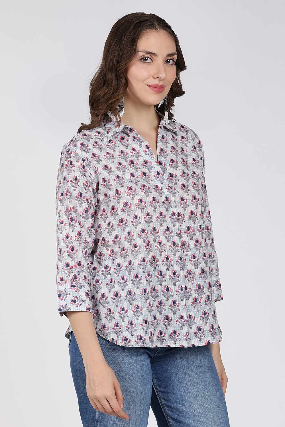 Mythri Women’s Cotton Top – Jaipur Hand Block Print Shirt Collar Top with Pleats | Regular Fit Everyday Wear - UNI2