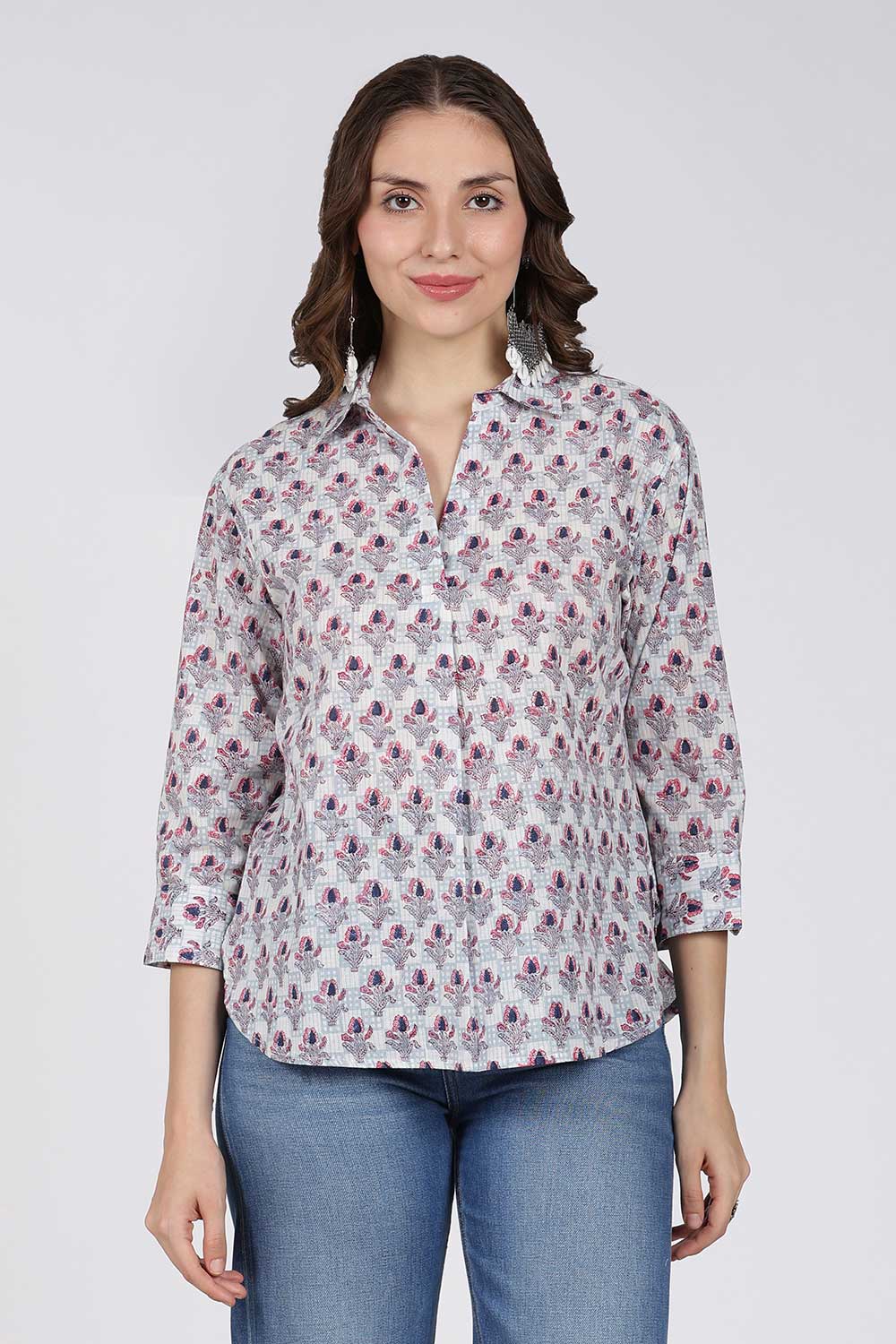 Mythri Women’s Cotton Top – Jaipur Hand Block Print Shirt Collar Top with Pleats | Regular Fit Everyday Wear - UNI2