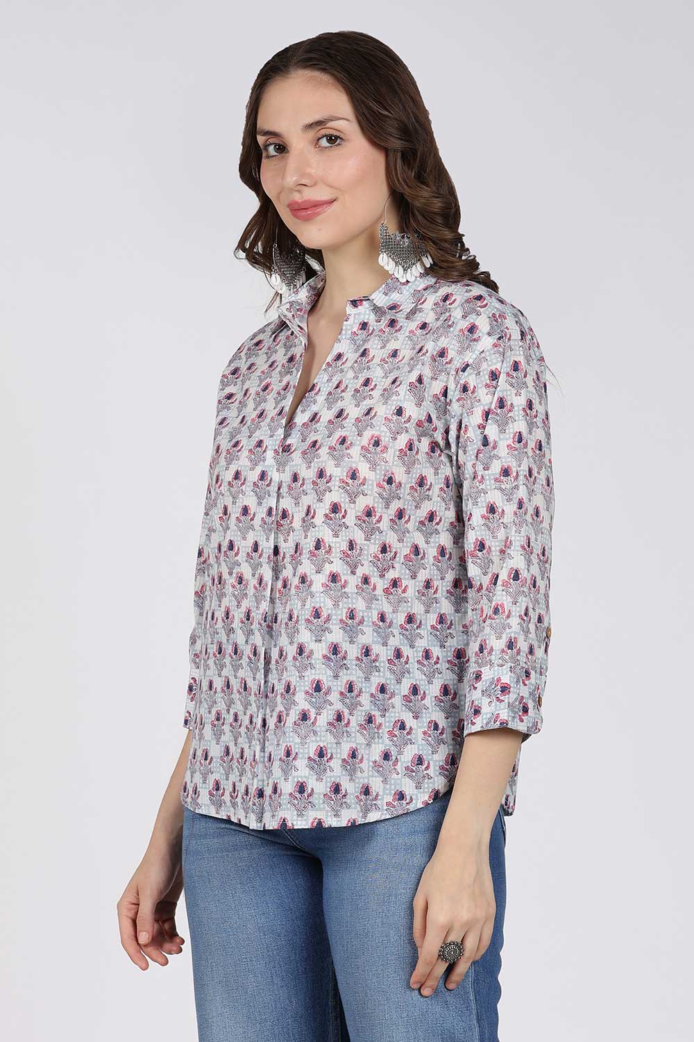 Mythri Women’s Cotton Top – Jaipur Hand Block Print Shirt Collar Top with Pleats | Regular Fit Everyday Wear - UNI2