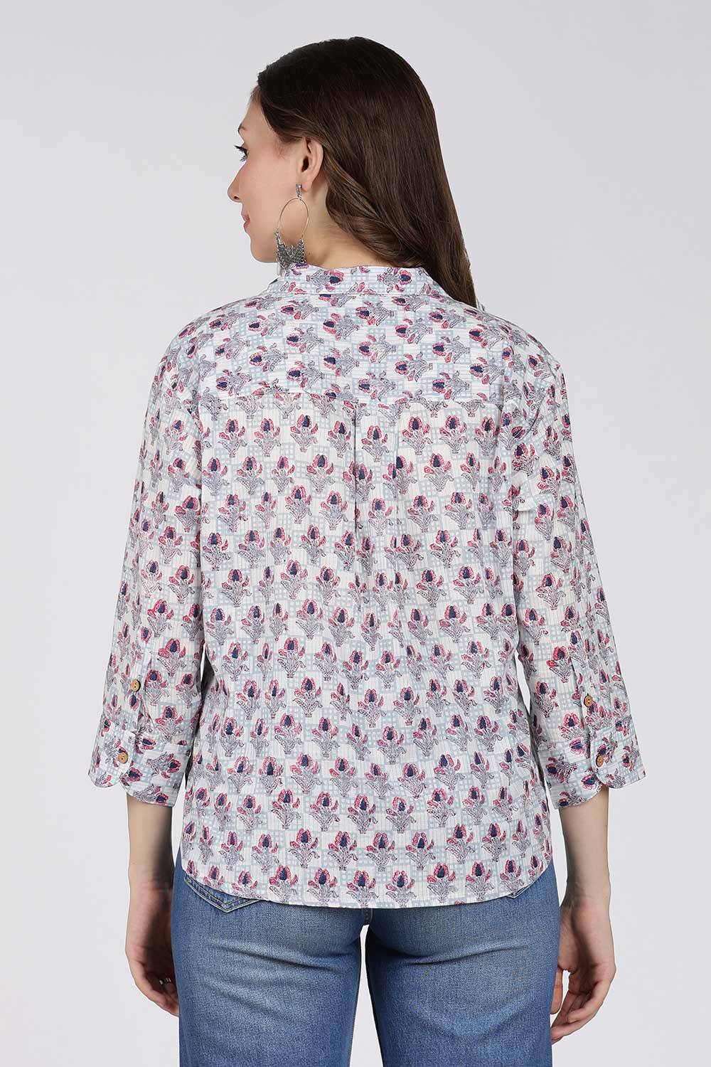 Mythri Women’s Cotton Top – Jaipur Hand Block Print Shirt Collar Top with Pleats | Regular Fit Everyday Wear - UNI2