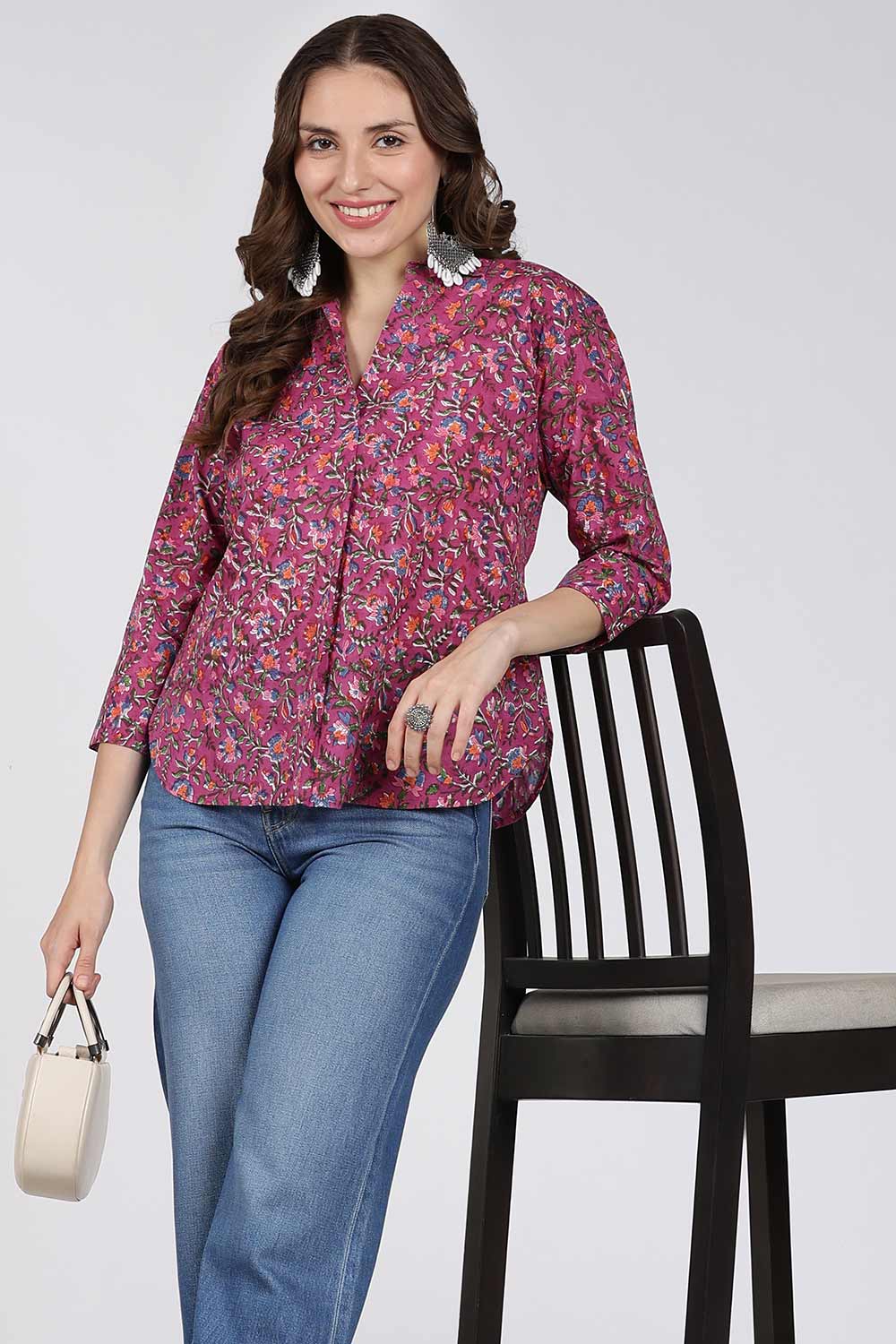 Mythri Women’s Cotton Top – Jaipur Hand Block Print Shirt Collar Top with Pleats | Regular Fit Everyday Wear - UNI3