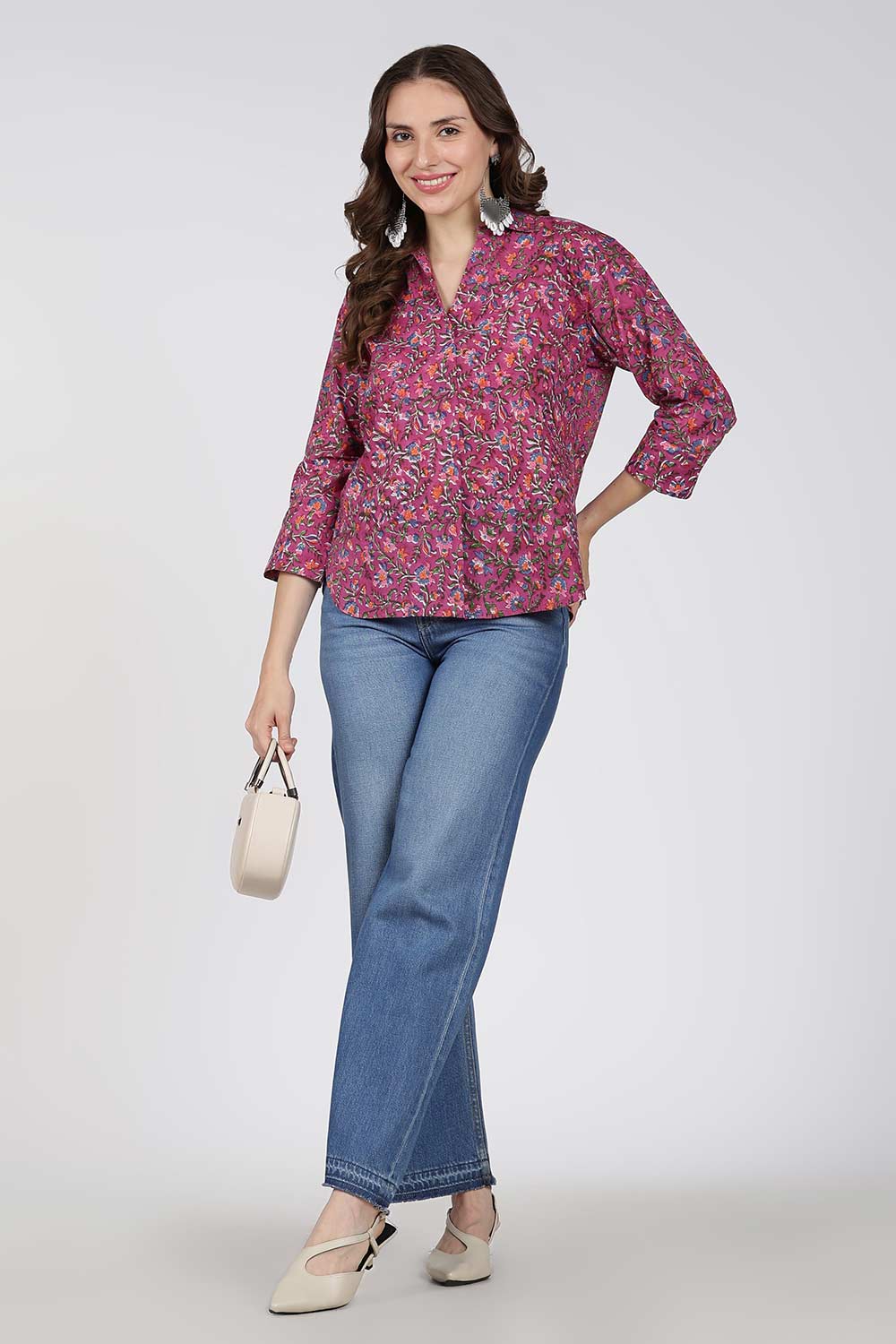 Mythri Women’s Cotton Top – Jaipur Hand Block Print Shirt Collar Top with Pleats | Regular Fit Everyday Wear - UNI3