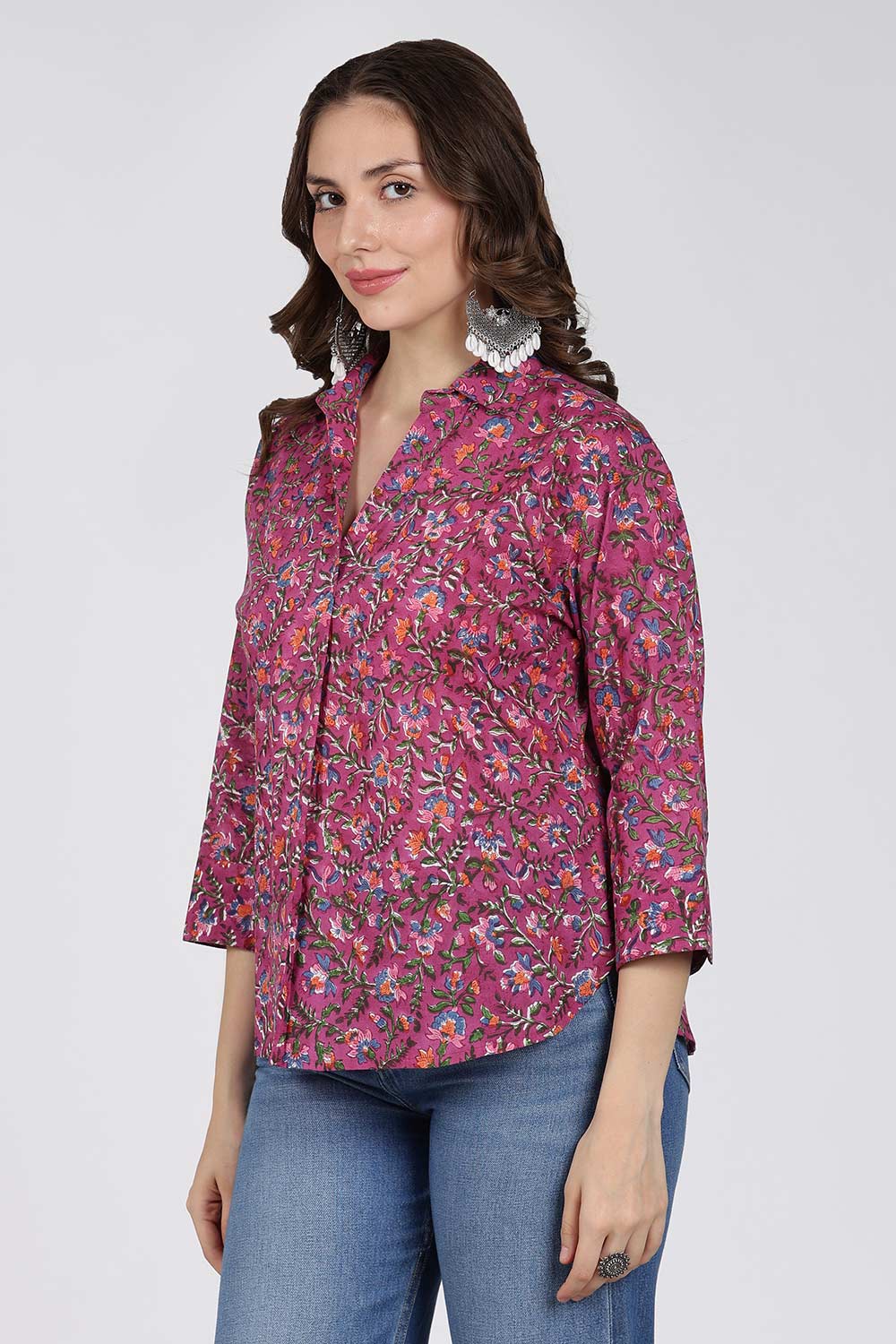 Mythri Women’s Cotton Top – Jaipur Hand Block Print Shirt Collar Top with Pleats | Regular Fit Everyday Wear - UNI3