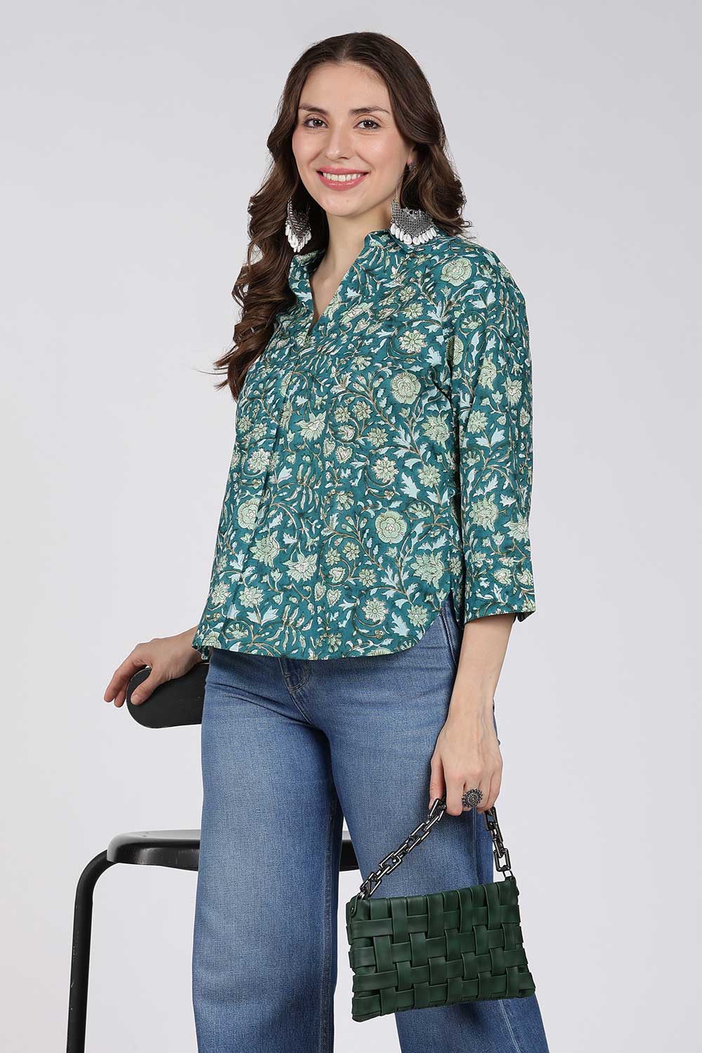 Mythri Women’s Cotton Top – Jaipur Hand Block Print Shirt Collar Top with Pleats | Regular Fit Everyday Wear - UNI4