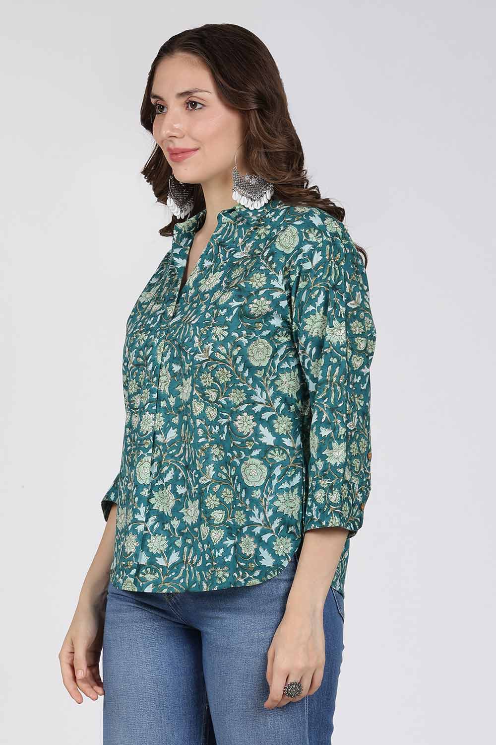 Mythri Women’s Cotton Top – Jaipur Hand Block Print Shirt Collar Top with Pleats | Regular Fit Everyday Wear - UNI4