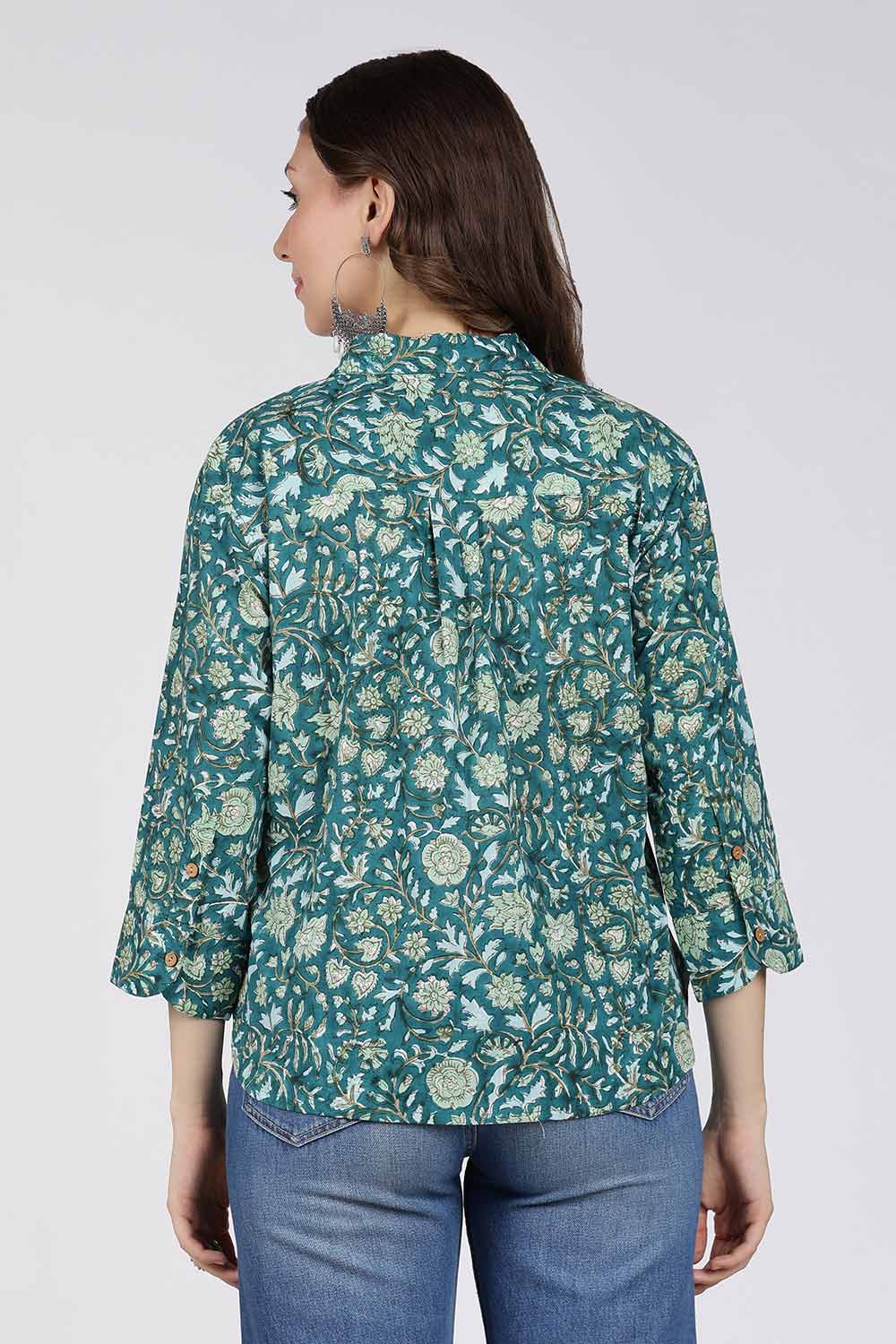Mythri Women’s Cotton Top – Jaipur Hand Block Print Shirt Collar Top with Pleats | Regular Fit Everyday Wear - UNI4