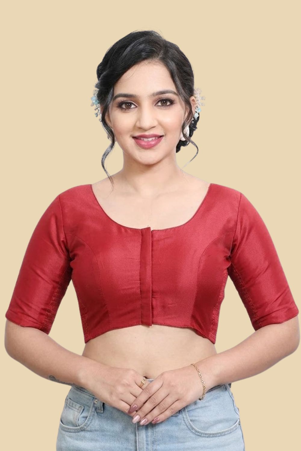 Women’s Stretchable Art Silk Ready Made Saree Blouse – Round Neck Elbow Sleeve Stretch Fit Blouse for Women | Solid Readymade Blouse for Saree - 9002