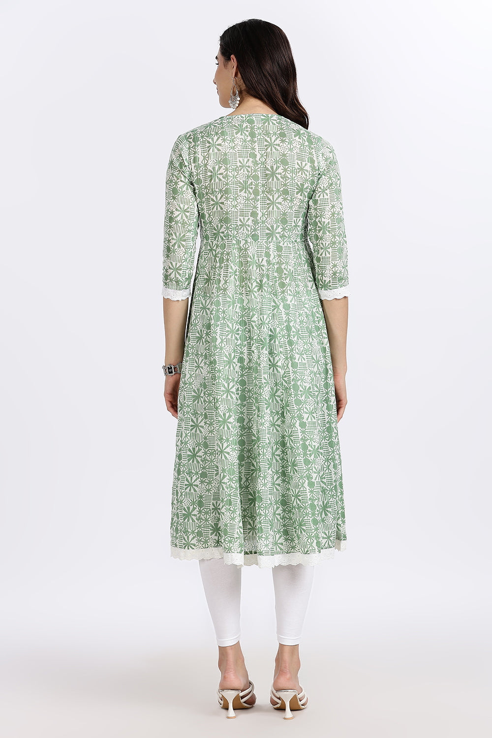 Mythri Women's Cotton Printed Anarkali Kurta with Geometric Floral Design, Lace Detailing & V-Neck Wrap Style | Daily Wear Cotton Dobby Kurti - A304