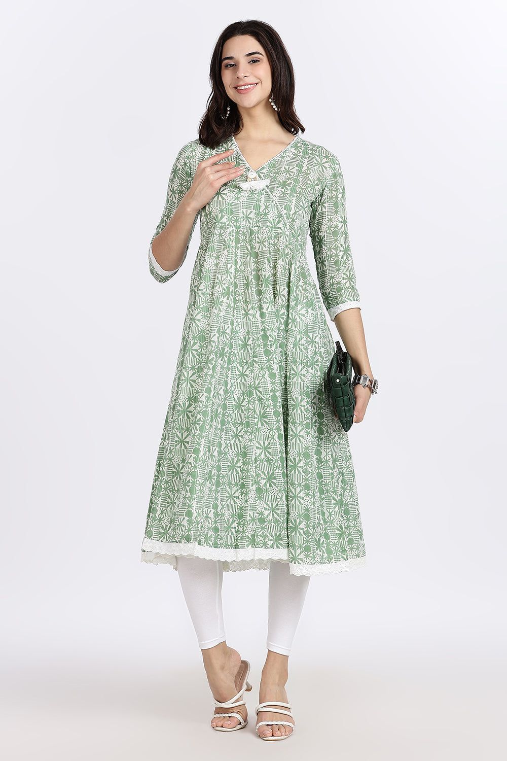 Mythri Women's Cotton Printed Anarkali Kurta with Geometric Floral Design, Lace Detailing & V-Neck Wrap Style | Daily Wear Cotton Dobby Kurti - A304