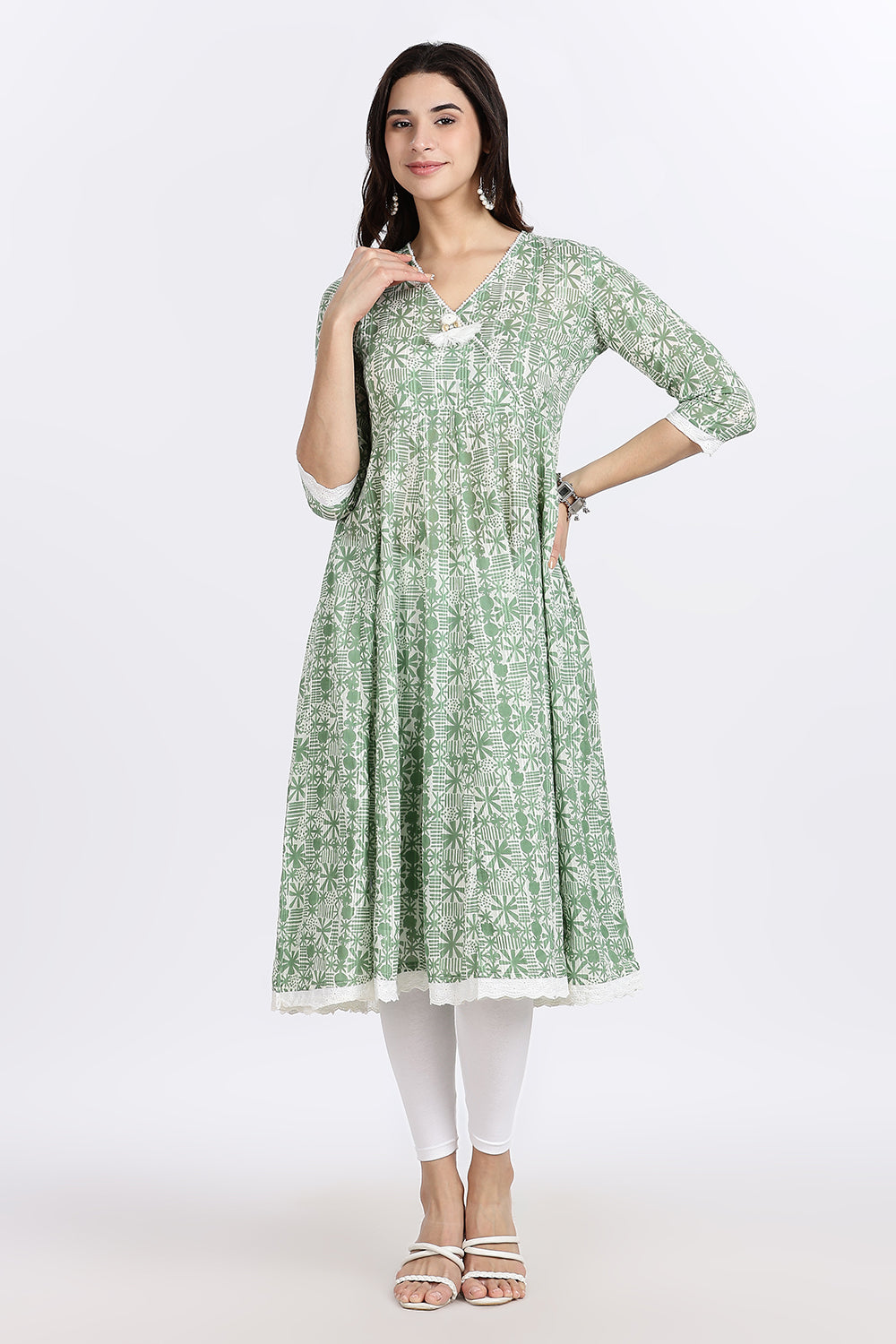 Mythri Women's Cotton Printed Anarkali Kurta with Geometric Floral Design, Lace Detailing & V-Neck Wrap Style | Daily Wear Cotton Dobby Kurti - A304