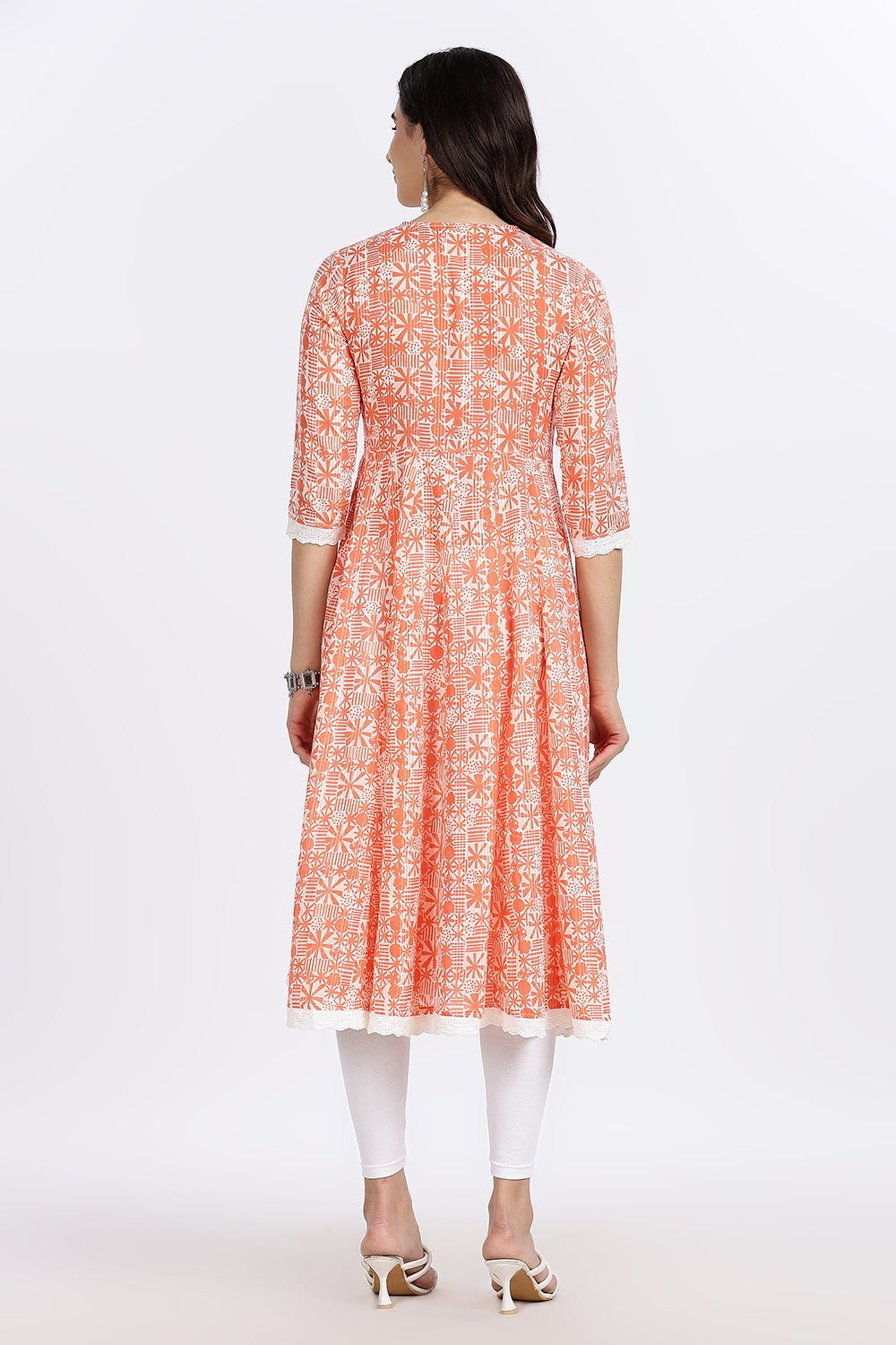 Mythri Women's Cotton Printed Anarkali Kurta with Geometric Floral Design, Lace Detailing & V-Neck Wrap Style | Daily Wear Cotton Dobby Kurti - A304