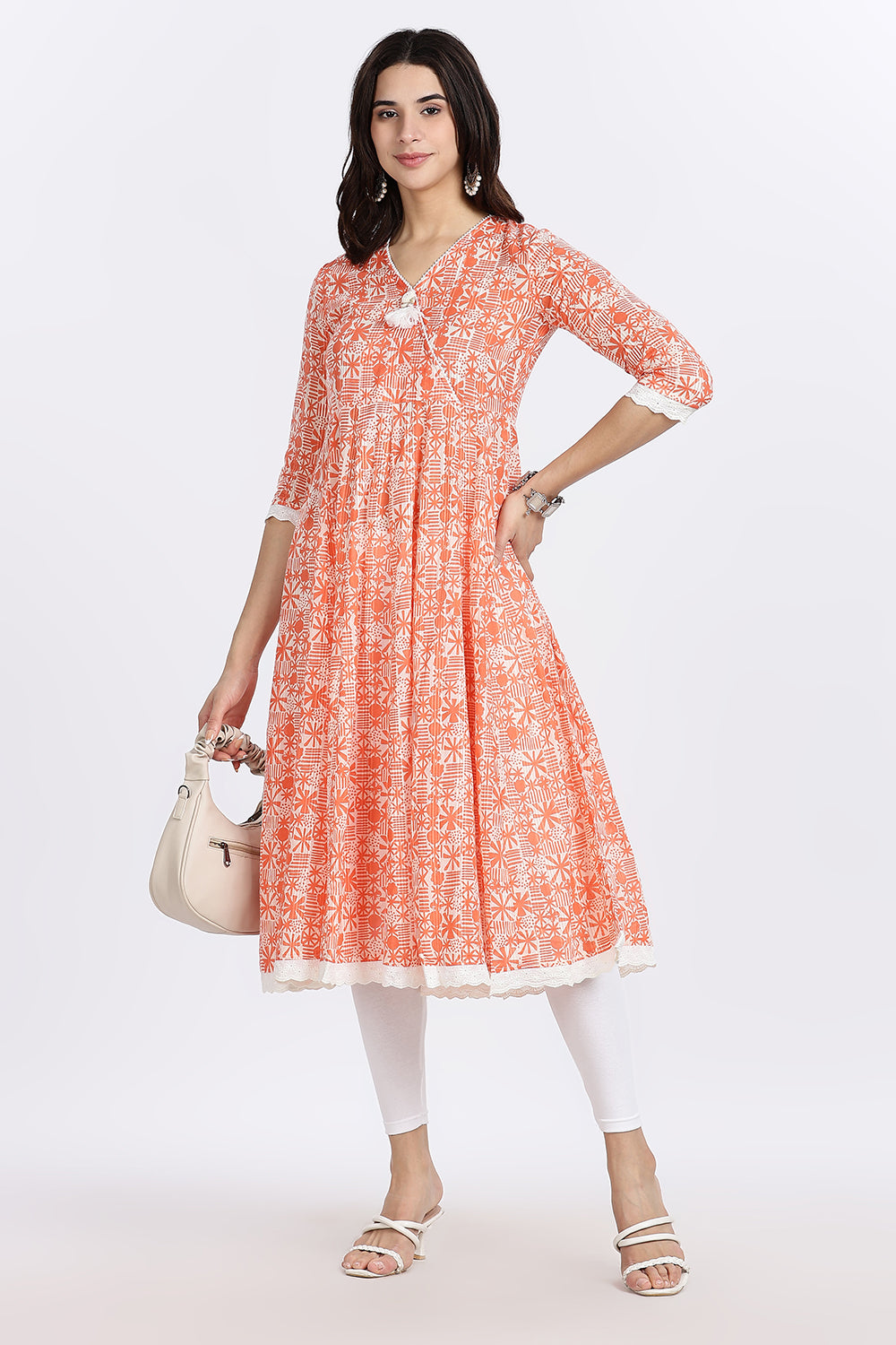 Mythri Women's Cotton Printed Anarkali Kurta with Geometric Floral Design, Lace Detailing & V-Neck Wrap Style | Daily Wear Cotton Dobby Kurti - A304