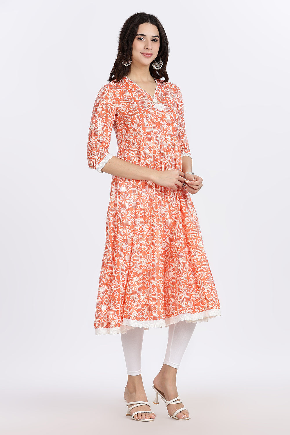 Mythri Women's Cotton Printed Anarkali Kurta with Geometric Floral Design, Lace Detailing & V-Neck Wrap Style | Daily Wear Cotton Dobby Kurti - A304