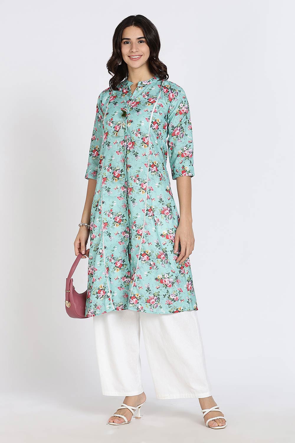 Mythri Women’s Cotton Dobby Kurthi | Ethnic Wear with Mandarin Collar, Embroidery & Lace Accents - Green - TA30