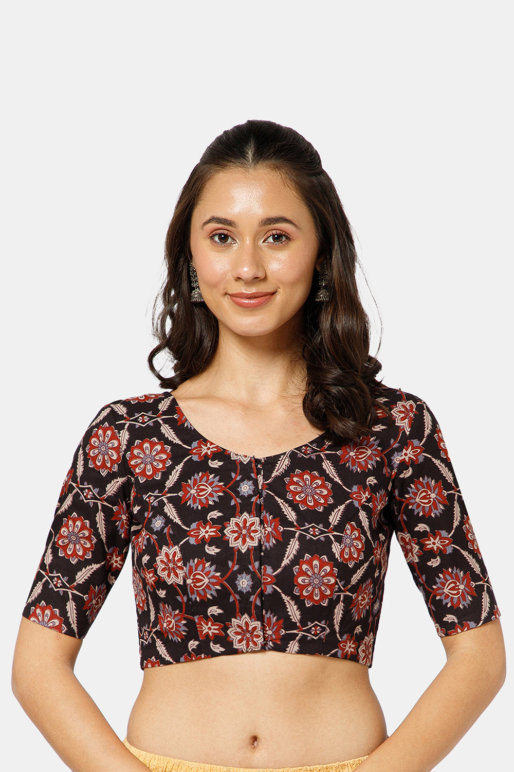 Naidu Hall Women’s Kalamkari Block Printed Cotton Blouse with U Neck Elbow Sleeves and Princess Cut - Black - BU17-P2