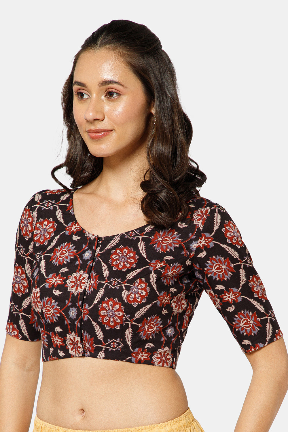 Naidu Hall Women’s Kalamkari Block Printed Cotton Blouse with U Neck Elbow Sleeves and Princess Cut - Black - BU17-P2