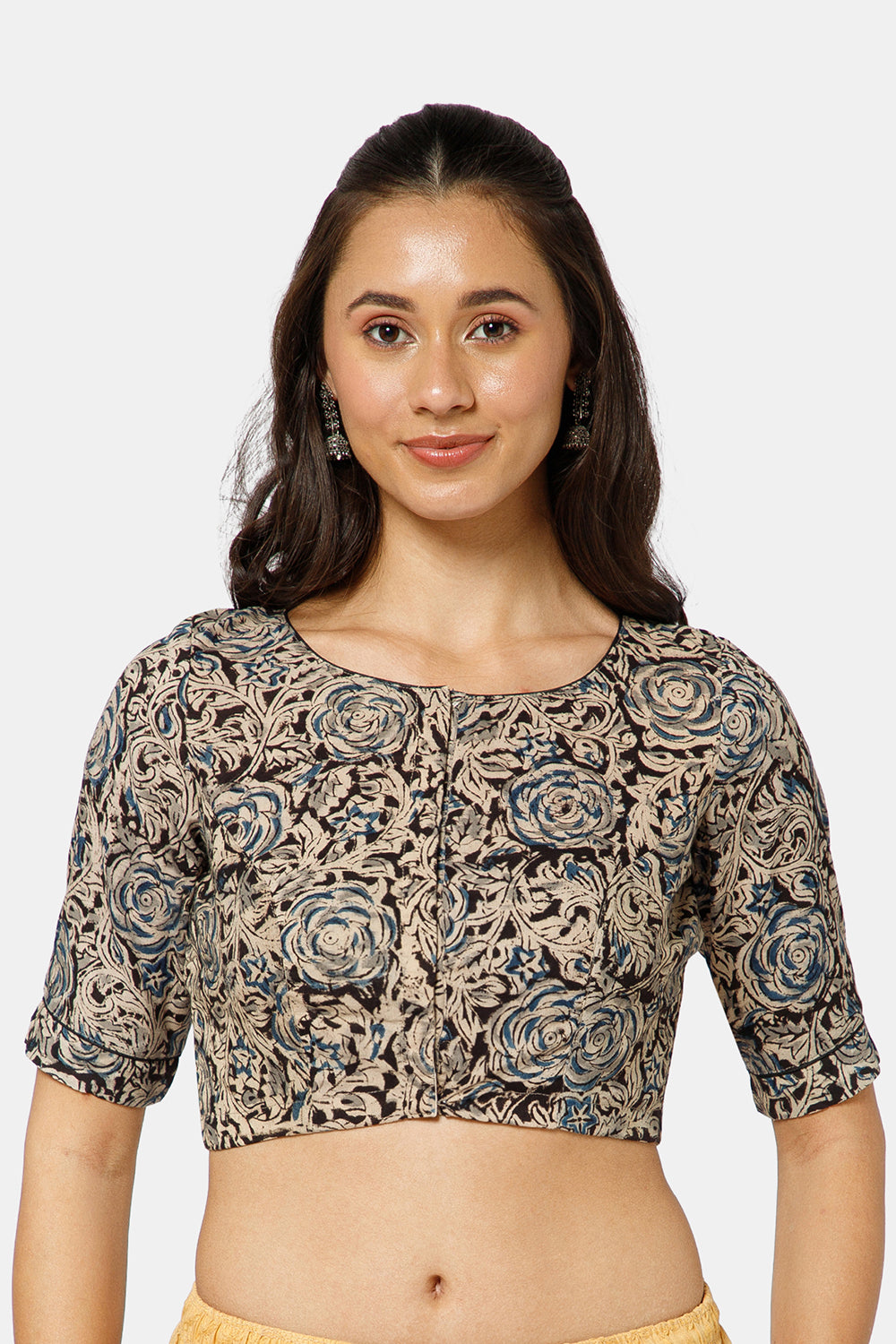 Naidu Hall Women’s Kalamkari Cotton Boat Neck Blouse with Elbow Sleeves and Front Hook Closure - Indigo - BU18