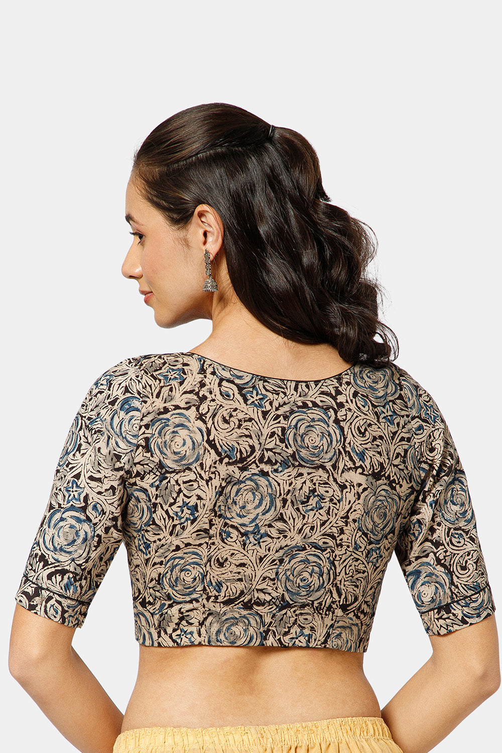 Naidu Hall Women’s Kalamkari Cotton Boat Neck Blouse with Elbow Sleeves and Front Hook Closure - Indigo - BU18