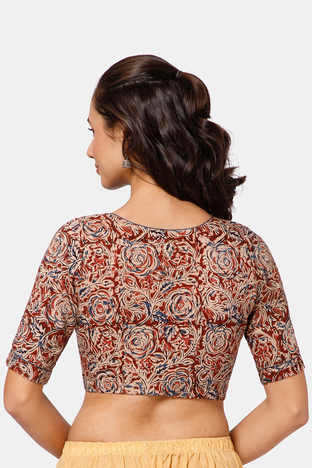 Naidu Hall Women’s Kalamkari Cotton Boat Neck Blouse with Elbow Sleeves and Front Hook Closure - Red - BU18