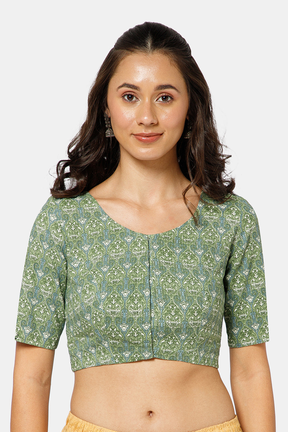 Naidu Hall Women’s Kalamkari Block Printed Cotton Blouse with U Neck Elbow Sleeves and Princess Cut - Dark Green - BU17-P1