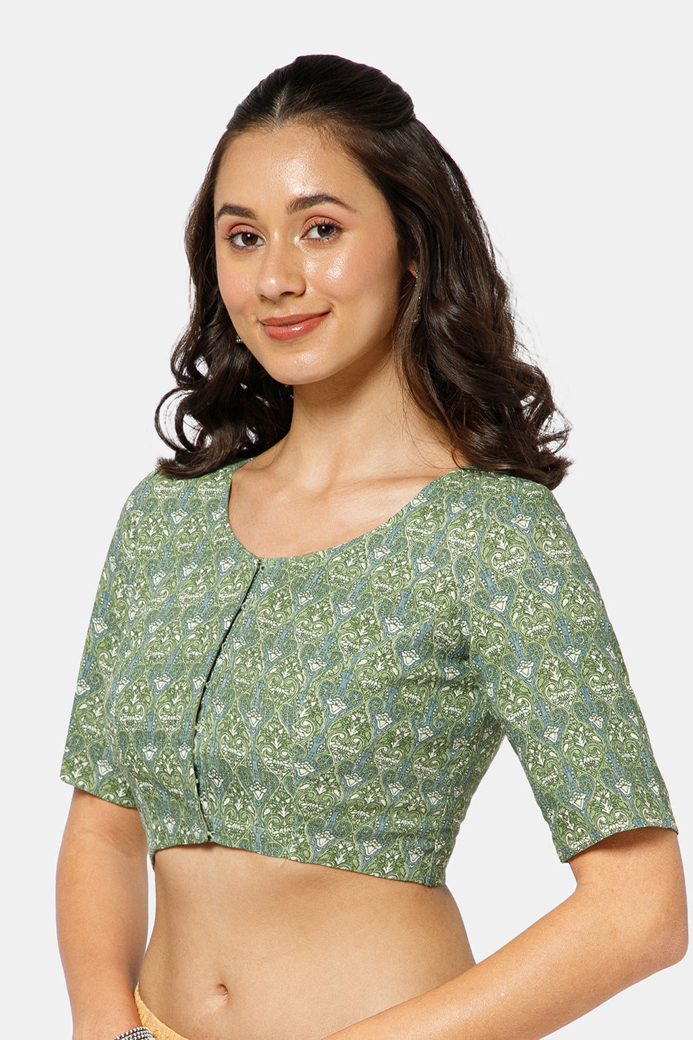 Naidu Hall Women’s Kalamkari Block Printed Cotton Blouse with U Neck Elbow Sleeves and Princess Cut - Dark Green - BU17-P1