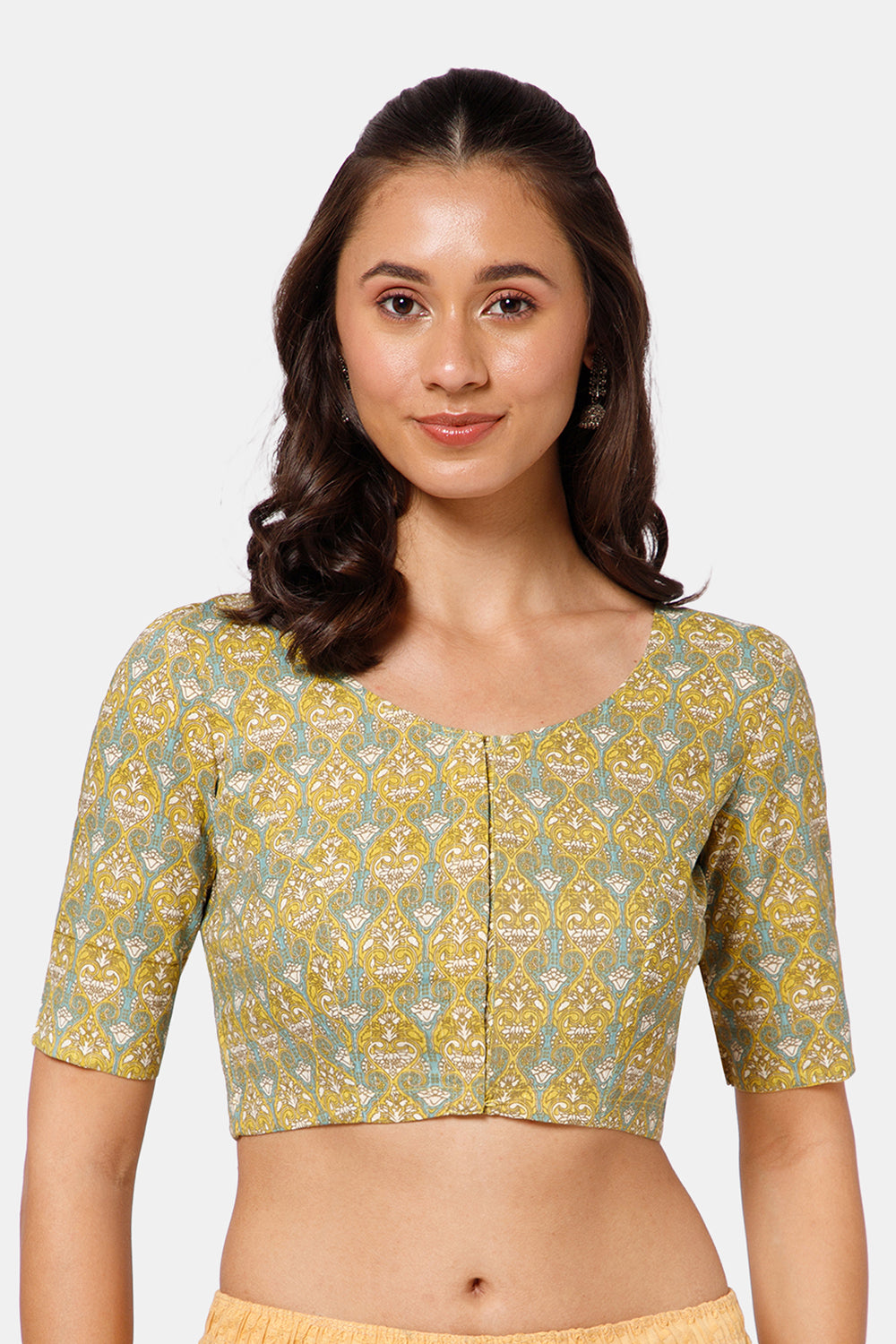 Naidu Hall Women’s Kalamkari Block Printed Cotton Blouse with U Neck Elbow Sleeves and Princess Cut - Green - BU17-P1