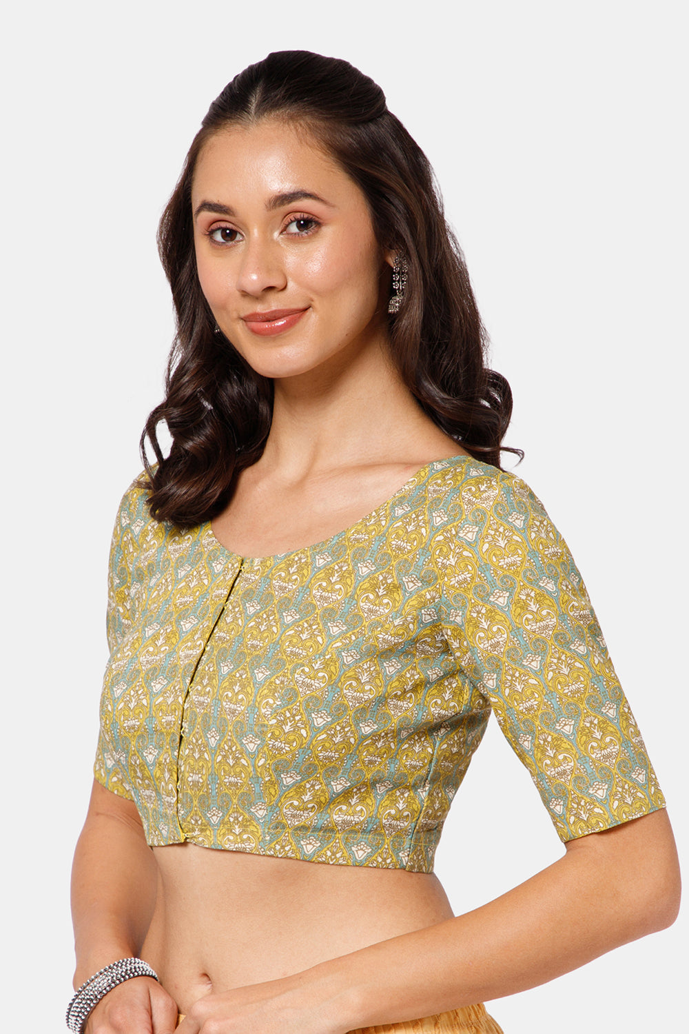 Naidu Hall Women’s Kalamkari Block Printed Cotton Blouse with U Neck Elbow Sleeves and Princess Cut - Green - BU17-P1