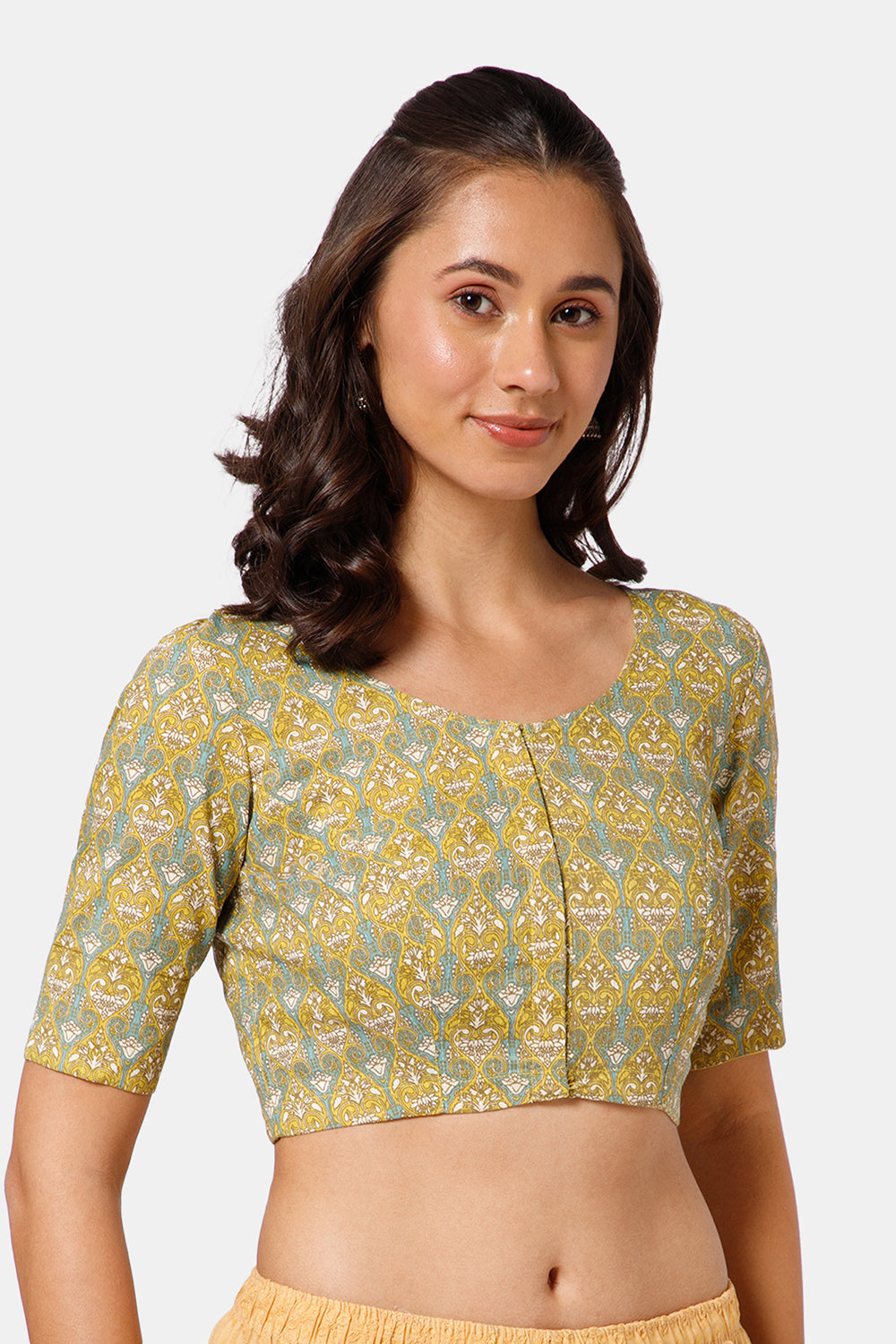 Naidu Hall Women’s Kalamkari Block Printed Cotton Blouse with U Neck Elbow Sleeves and Princess Cut - Green - BU17-P1