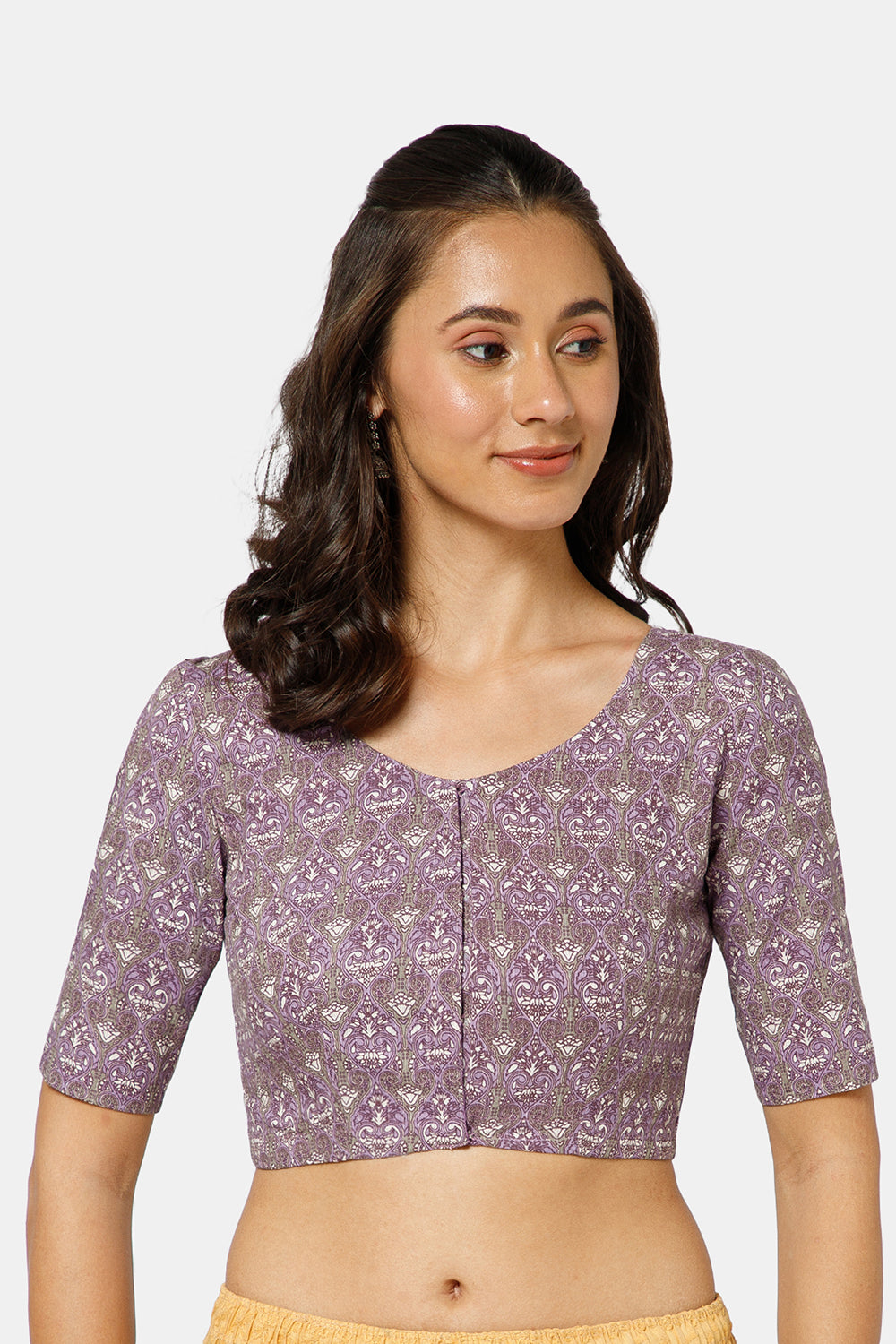 Naidu Hall Women’s Kalamkari Block Printed Cotton Blouse with U Neck Elbow Sleeves and Princess Cut - Purple - BU17-P1