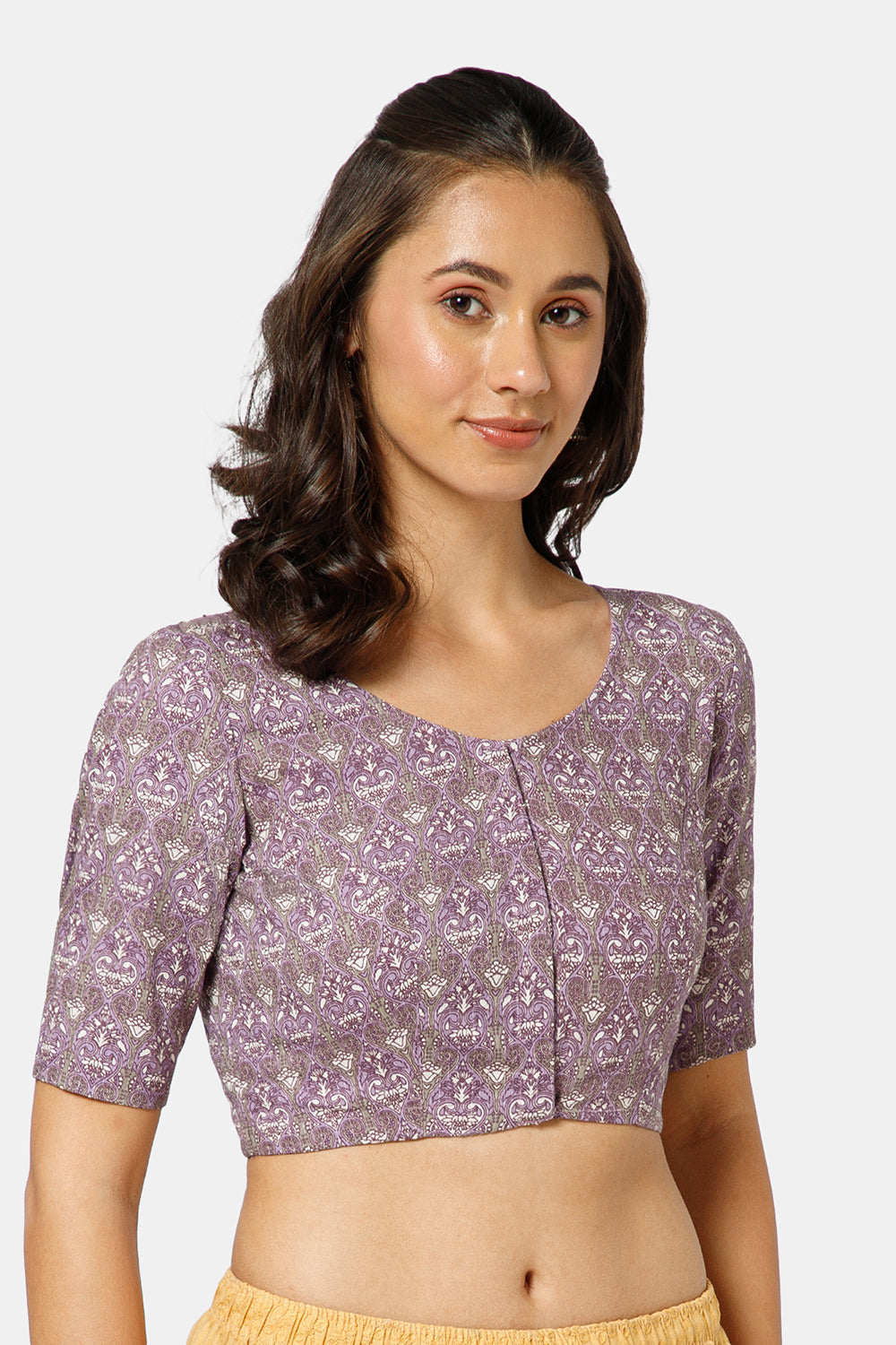 Naidu Hall Women’s Kalamkari Block Printed Cotton Blouse with U Neck Elbow Sleeves and Princess Cut - Purple - BU17-P1