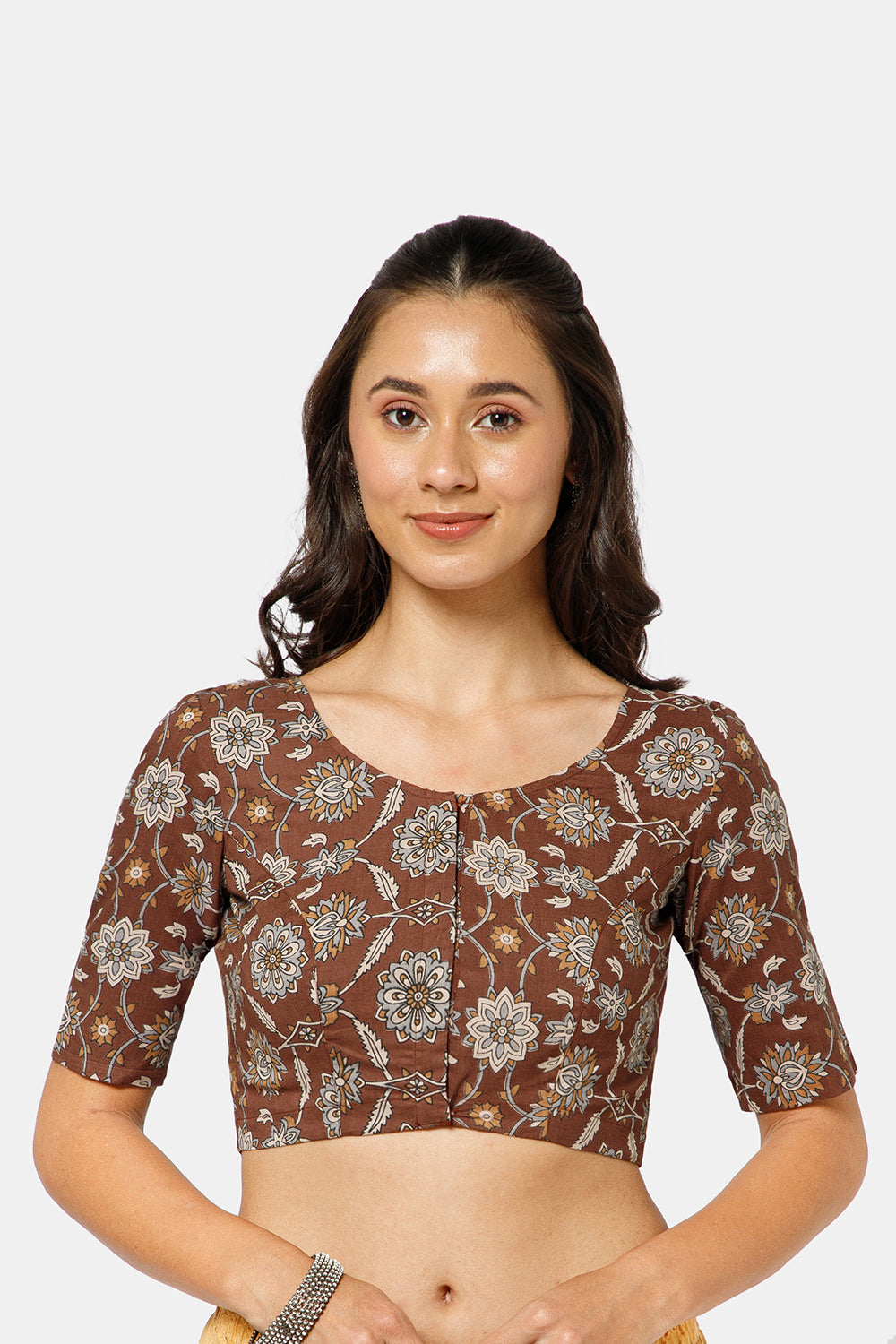 Naidu Hall Women’s Kalamkari Block Printed Cotton Blouse with U Neck Elbow Sleeves and Princess Cut - Brown - BU17-P2